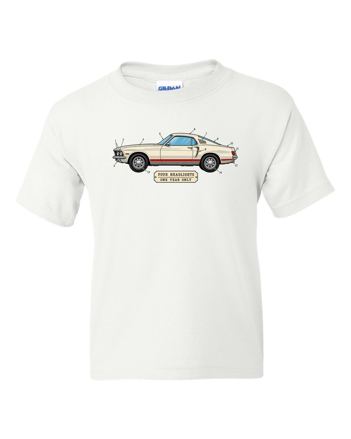 1969 Ford Mustang Fastback Patent Sheet Profile white kids tee front view with the design