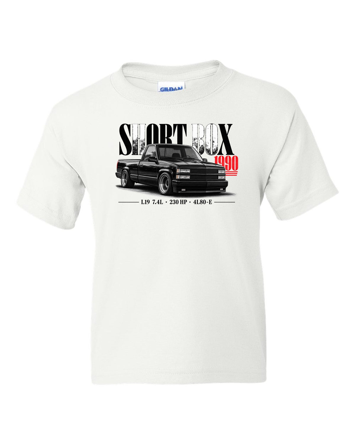 1990 Chevy 454 SS short box pickup editorial print white kids tee front view with the design