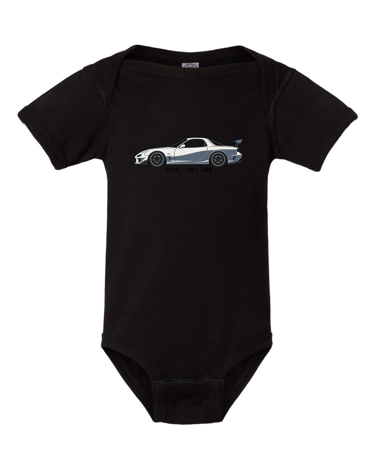 Embroidery-style varsity crest for the Mazda FD3S RX-7 reading TWIN TURBO SEQUENTIAL 1991 black baby onesie front view with the design