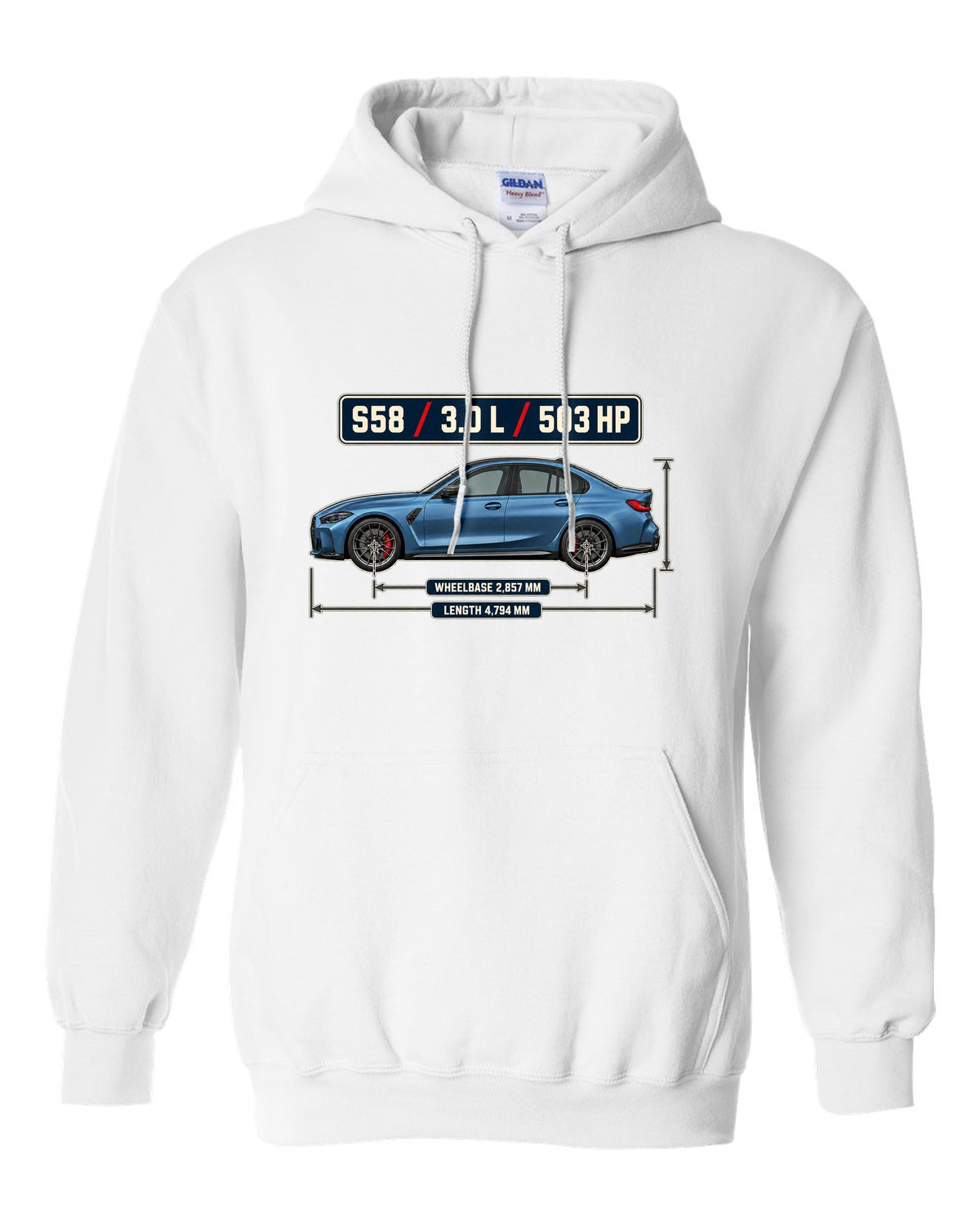 BMW M3 Competition G80 dimension blueprint print with S58 specs white pull over hoodie front view with the design