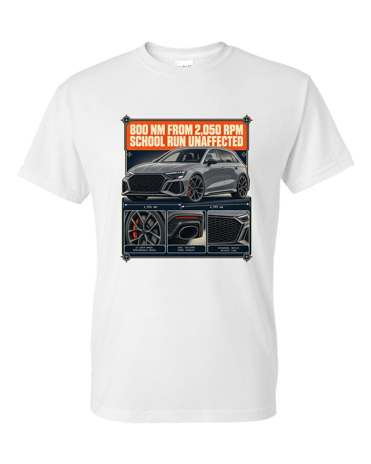 Dossier panels for the Audi RS6 Avant C8 noting 800 Nm from 2,050 rpm white t-shirt front view with the design