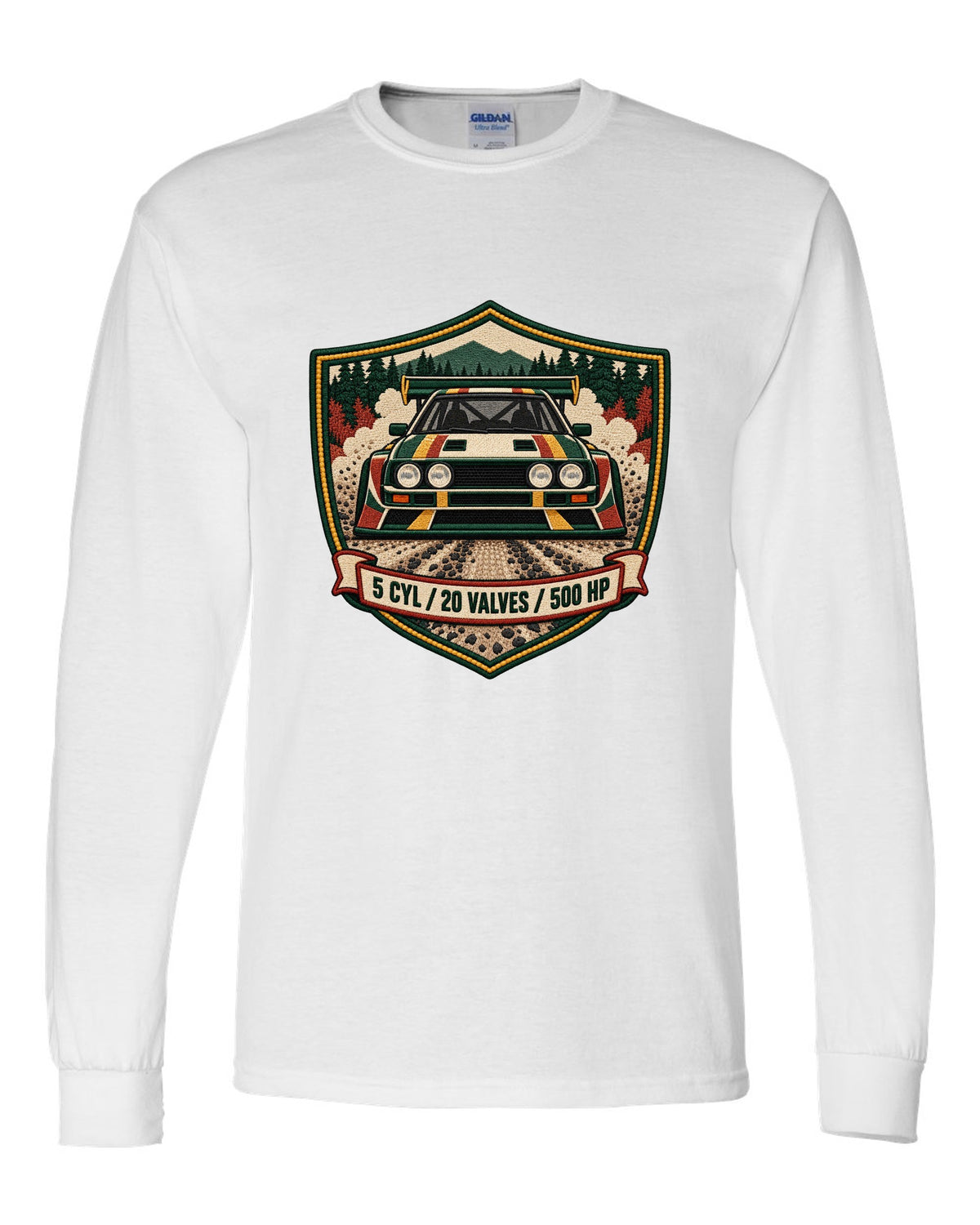 Varsity crest style print of the Audi Sport Quattro S1 E2 with 5 cyl, 20 valves, 500 hp white long sleeve front view with the design