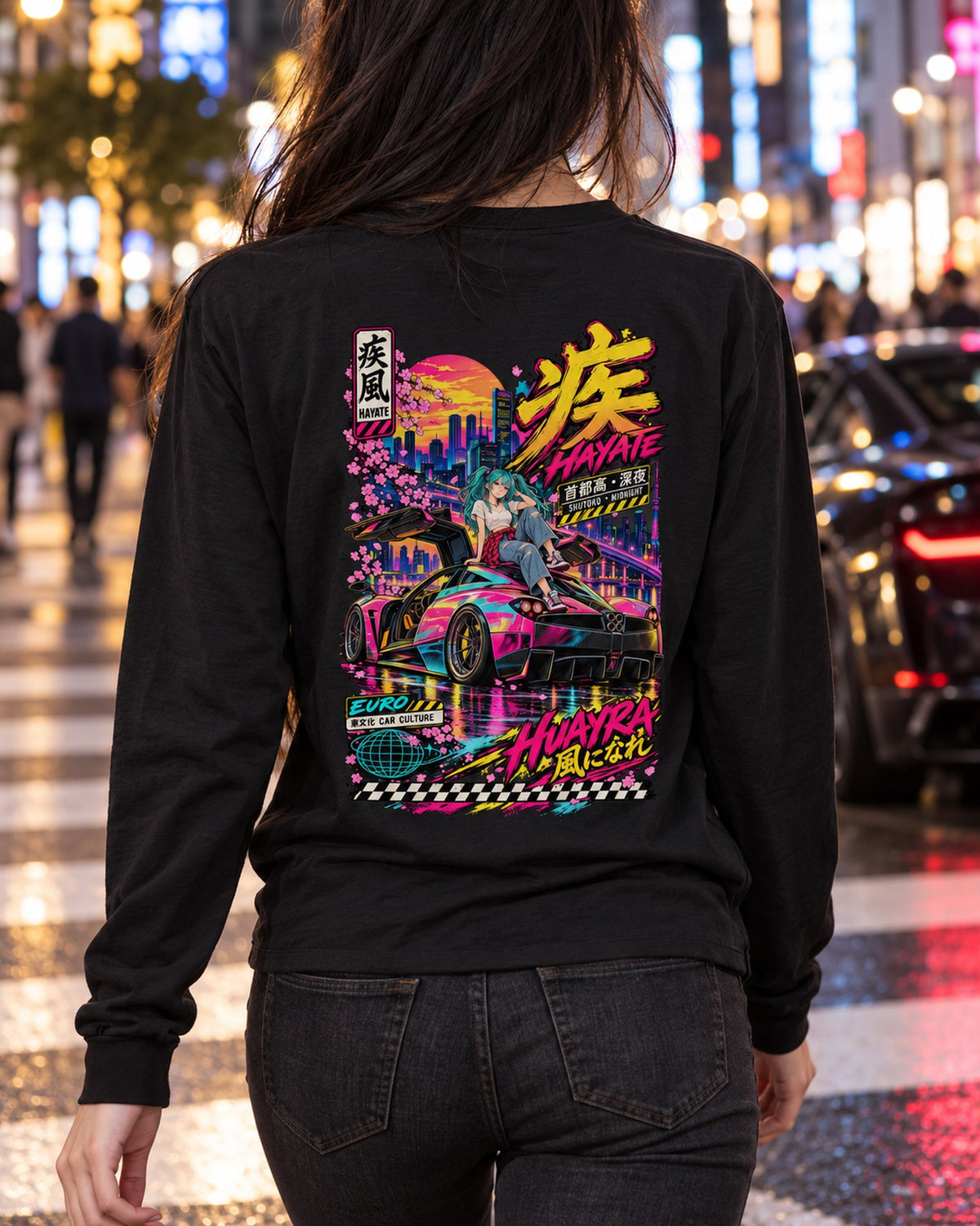 HAYATE HUAYRA Anime Girl Full-Back Graphic Tee Long Sleeve Black worn hero