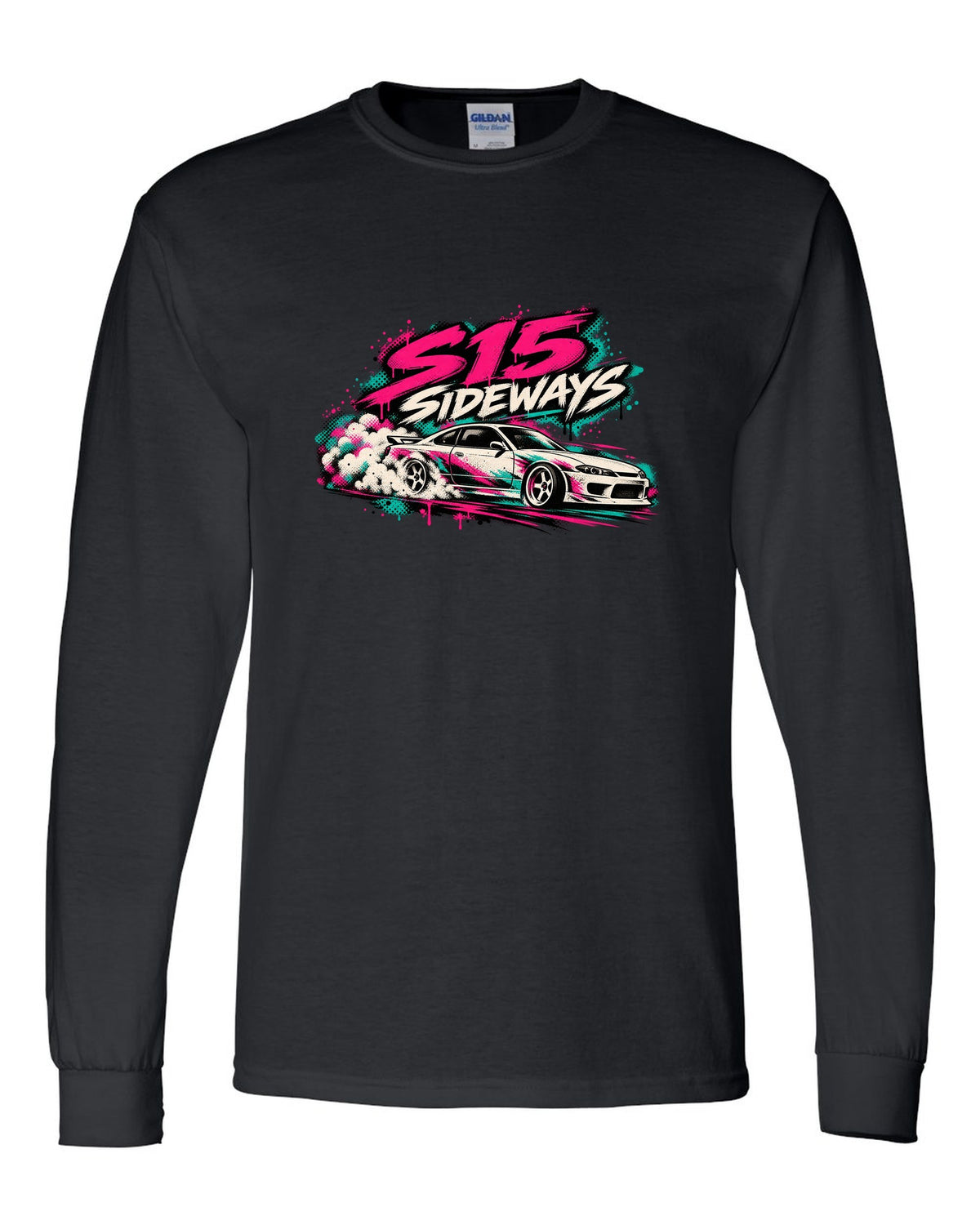 Stencil spray street art print of a Nissan Silvia S15 sliding sideways black long sleeve front view with the design