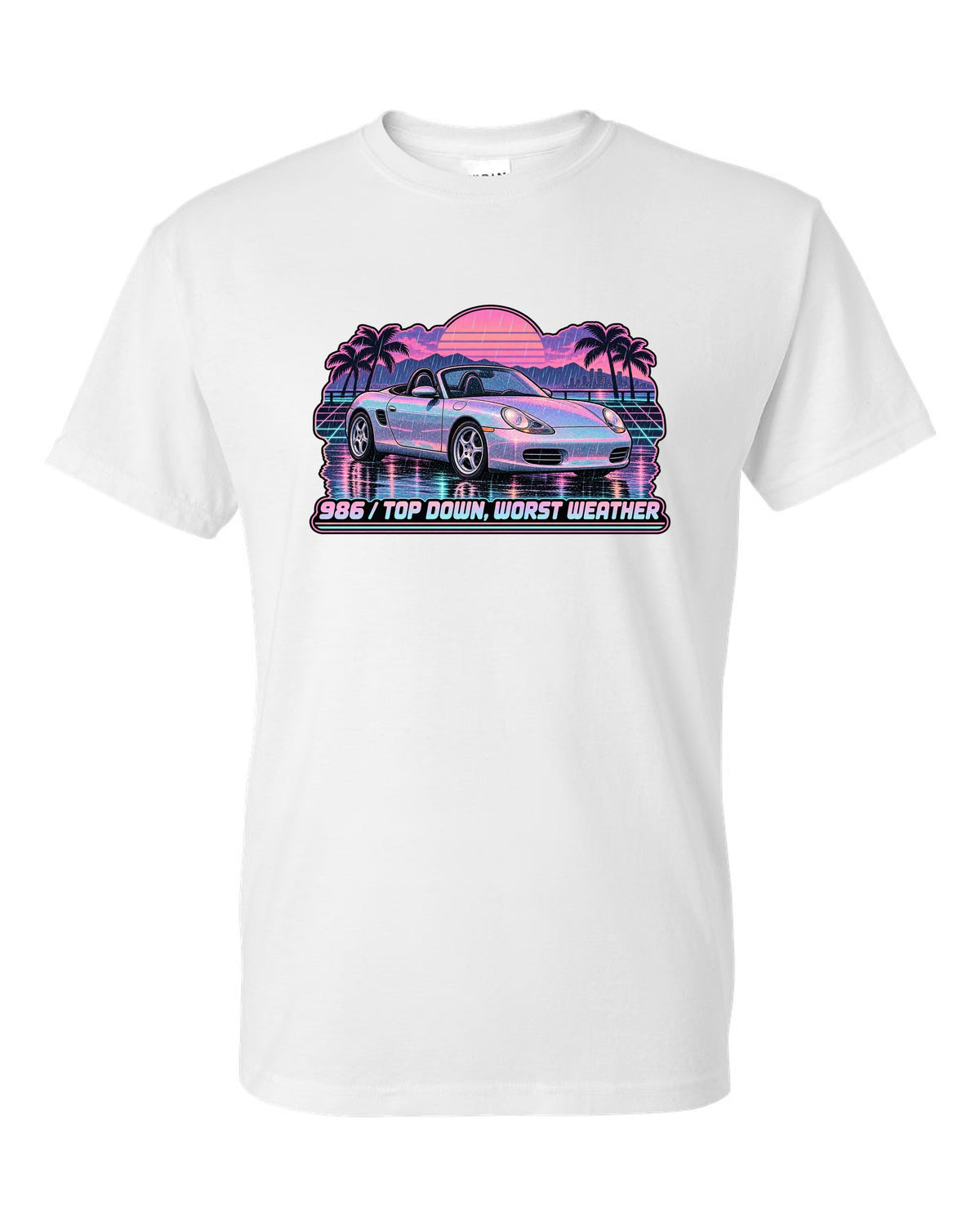 Lo-fi vaporwave Porsche Boxster 986 with the roof down white t-shirt front view with the design