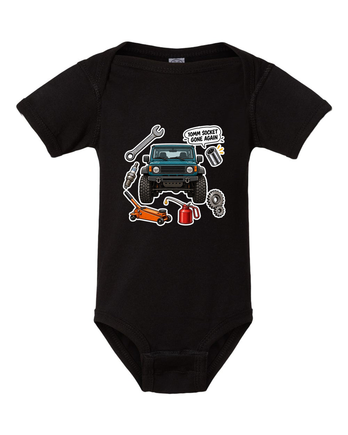 Jeep Wrangler TJ sticker bomb collage design with 10mm socket gone again text black baby onesie front view with the design