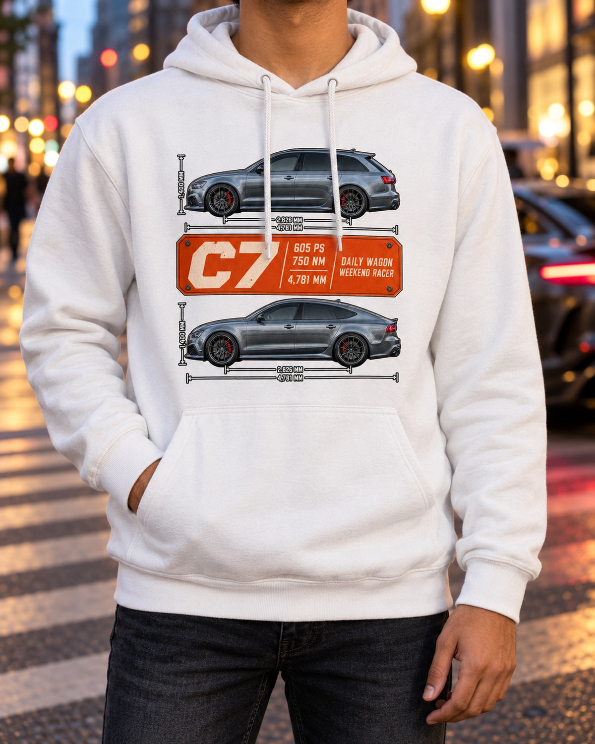 Audi RS4 Avant B9 Spec Poster Tee, 450 PS Daily Wagon Pull Over Hoodie White worn hero