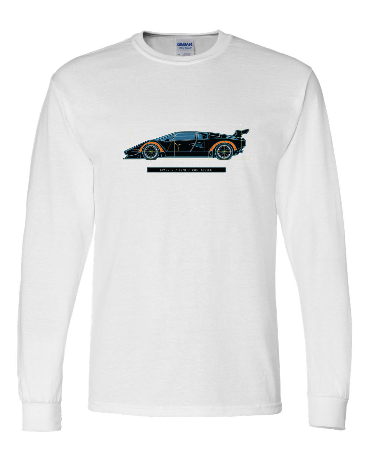 Blueprint patent line art of a Lamborghini Countach LP400 S 1978 with wide arches text white long sleeve front view with the design