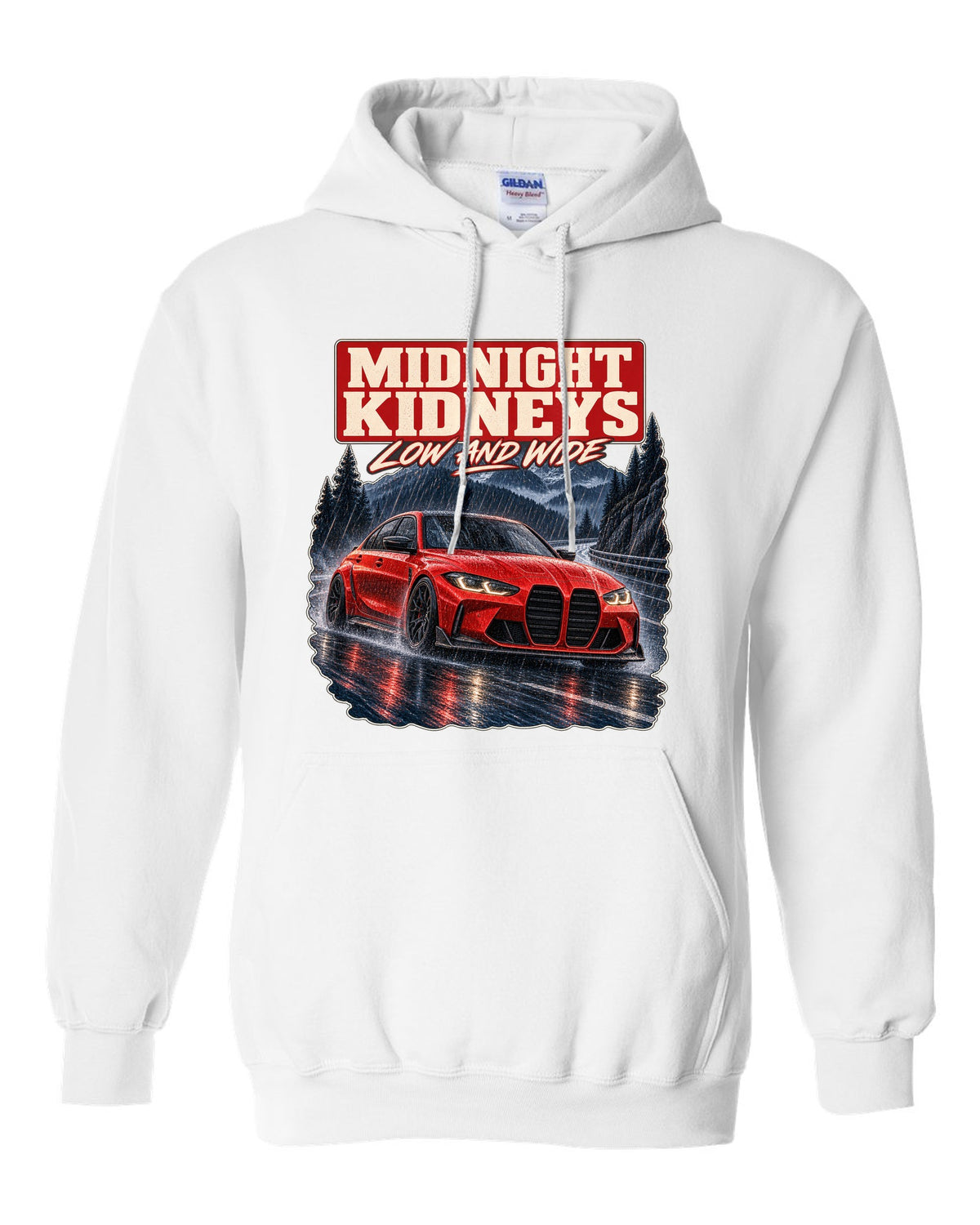 BMW M3 Competition G80 night street print with midnight kidneys text white pull over hoodie front view with the design