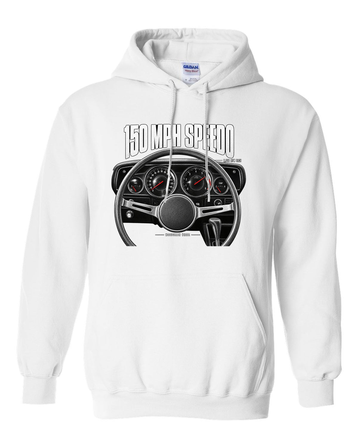 Cockpit gauge print of a 1970 Dodge Challenger R/T with speedometer, tach and woodgrain wheel white pull over hoodie front view with the design