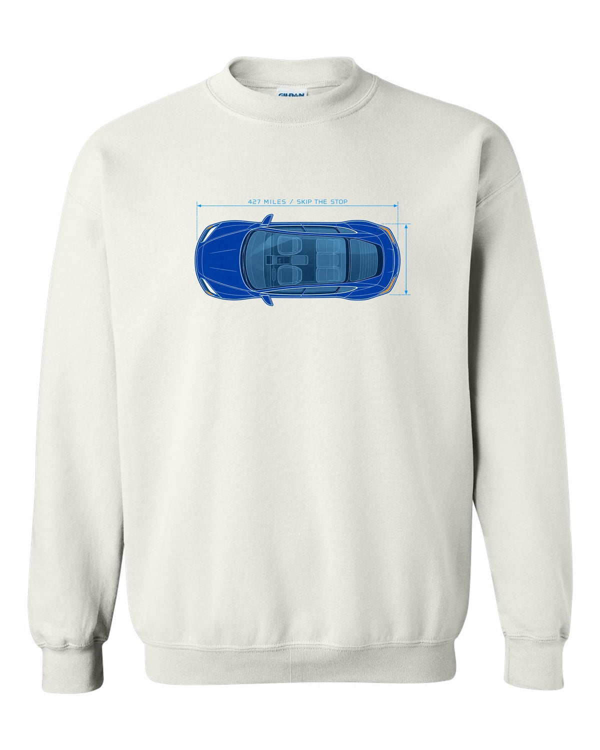 Lucid Air Sapphire white and cyan blueprint print with the text 427 miles skip the stop white crewneck front view with the design