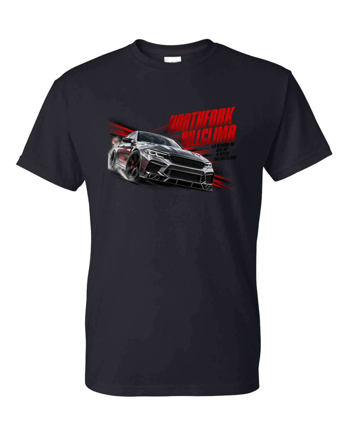 print race poster of a Mercedes W213 E63 S sedan for a hillclimb with text 4.0 Biturbo race day 09.2018 black t-shirt front view with the design