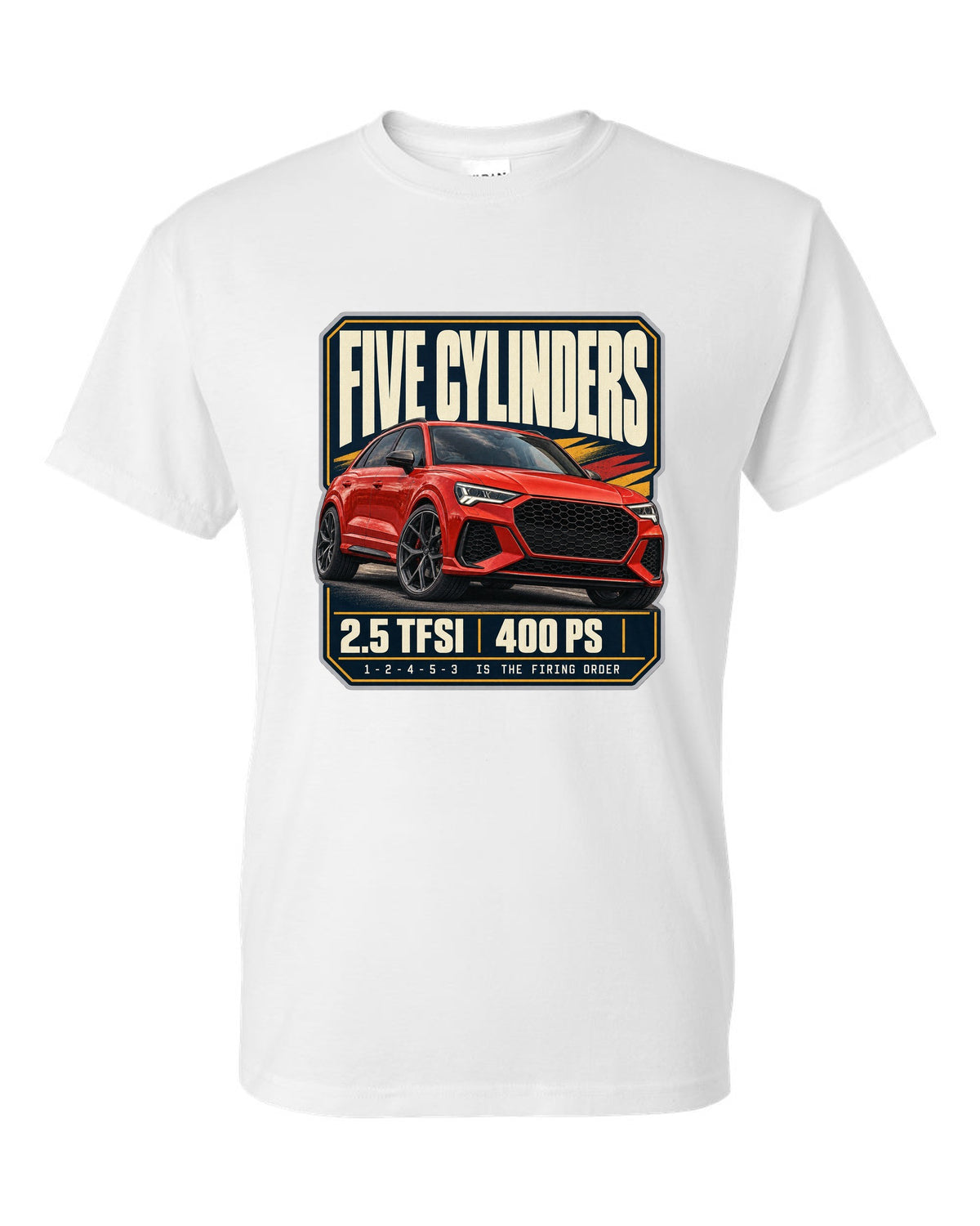 Audi RS Q3 F3 editorial headline print with five-cylinder text white t-shirt front view with the design