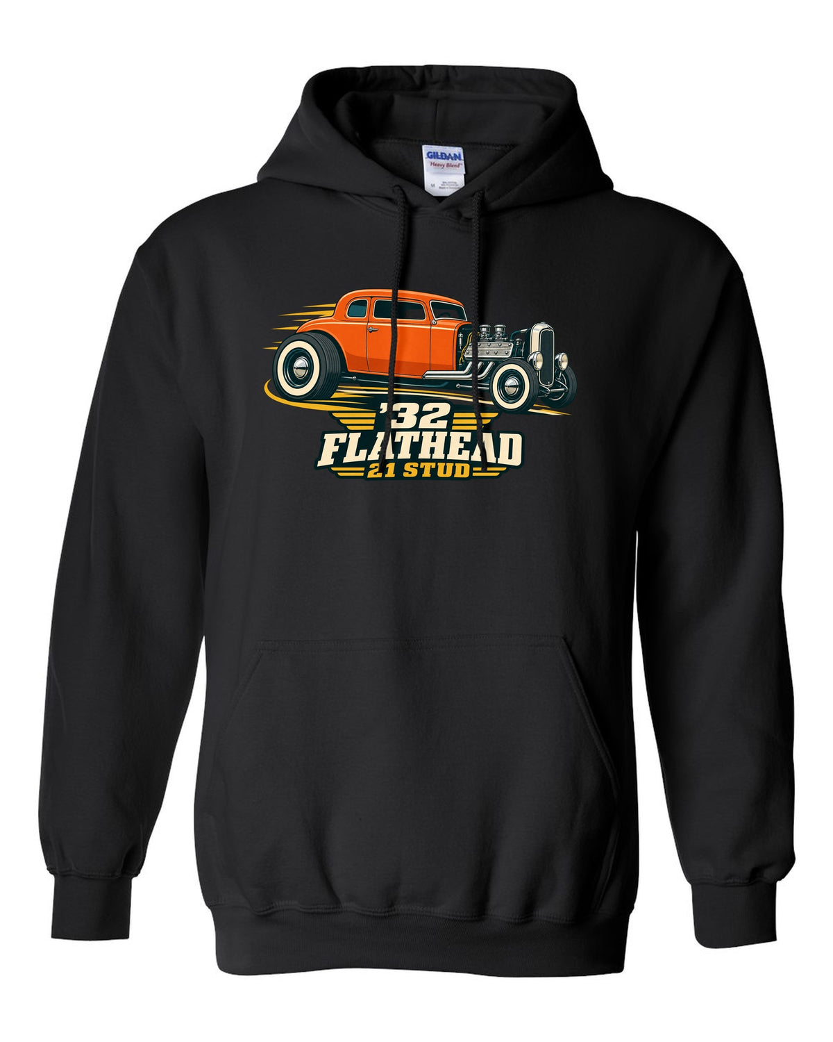 print of a two-tone flat vector 1932 Ford Deuce three-window coupe with flathead lettering black pull over hoodie front view with the design