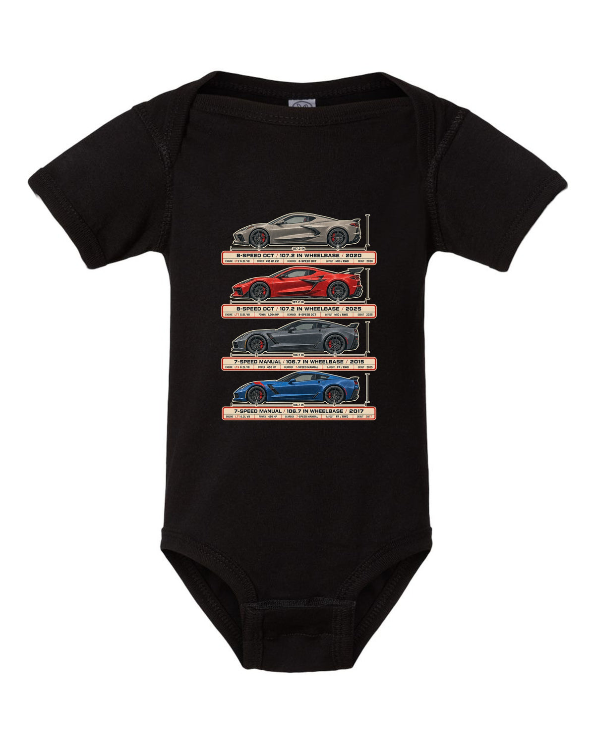 print of a Chevrolet Corvette C8 Stingray spec poster showing DCT and wheelbase figures black baby onesie front view with the design