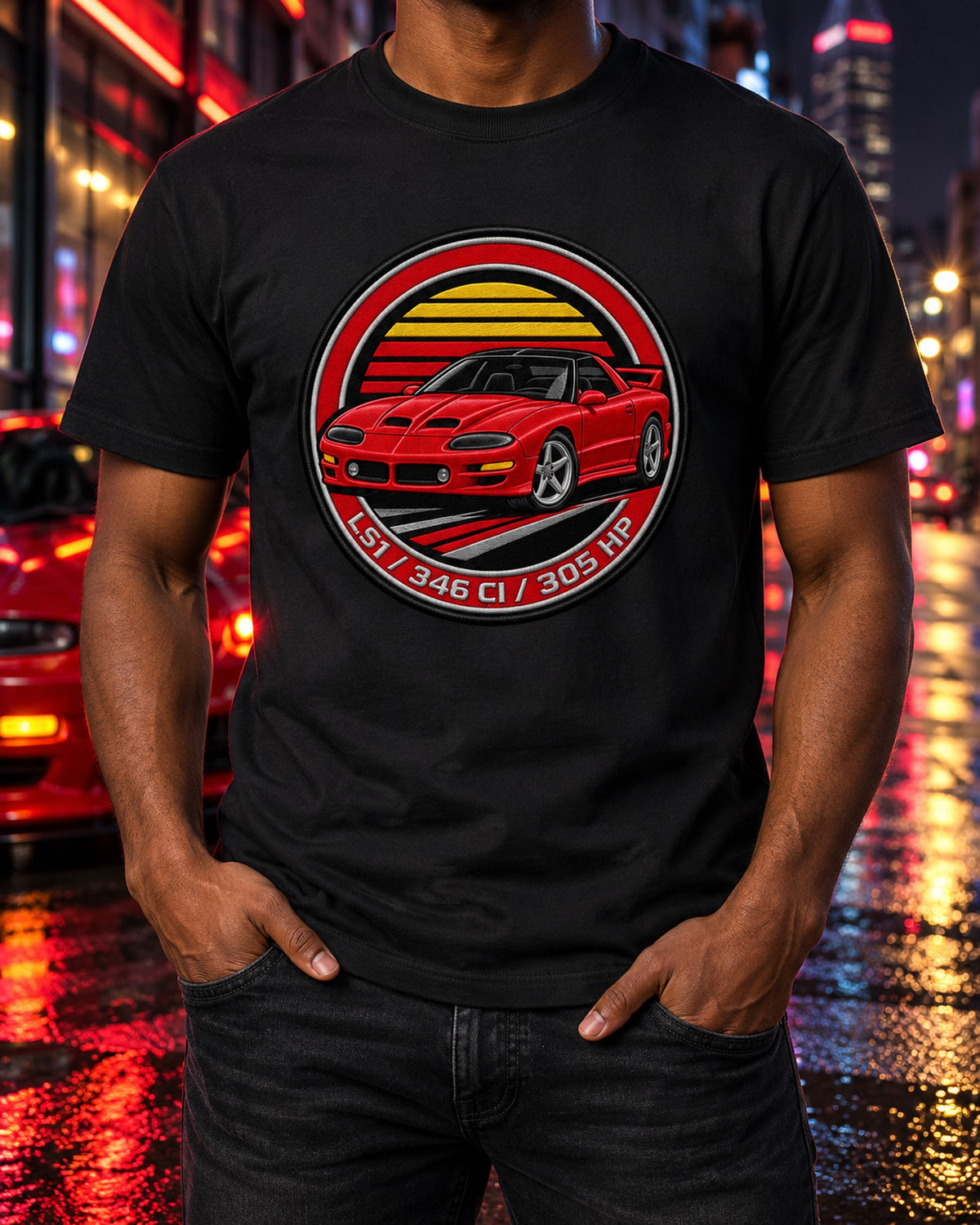1998 Camaro SS LS1 346 CI Round Crest Shirt, 305 HP T-Shirt Black worn hero