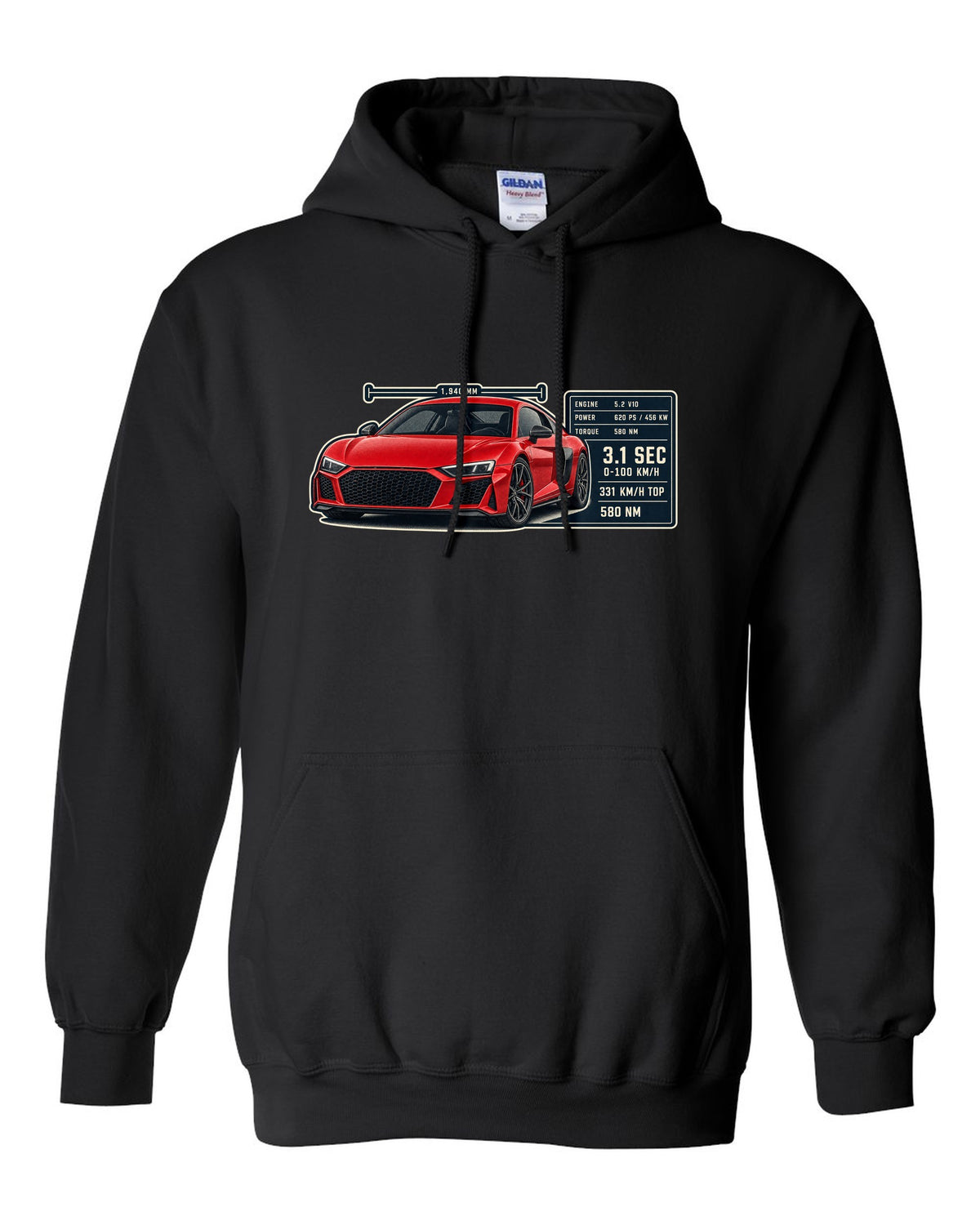 Audi R8 V10 performance coupe spec poster print design black pull over hoodie front view with the design