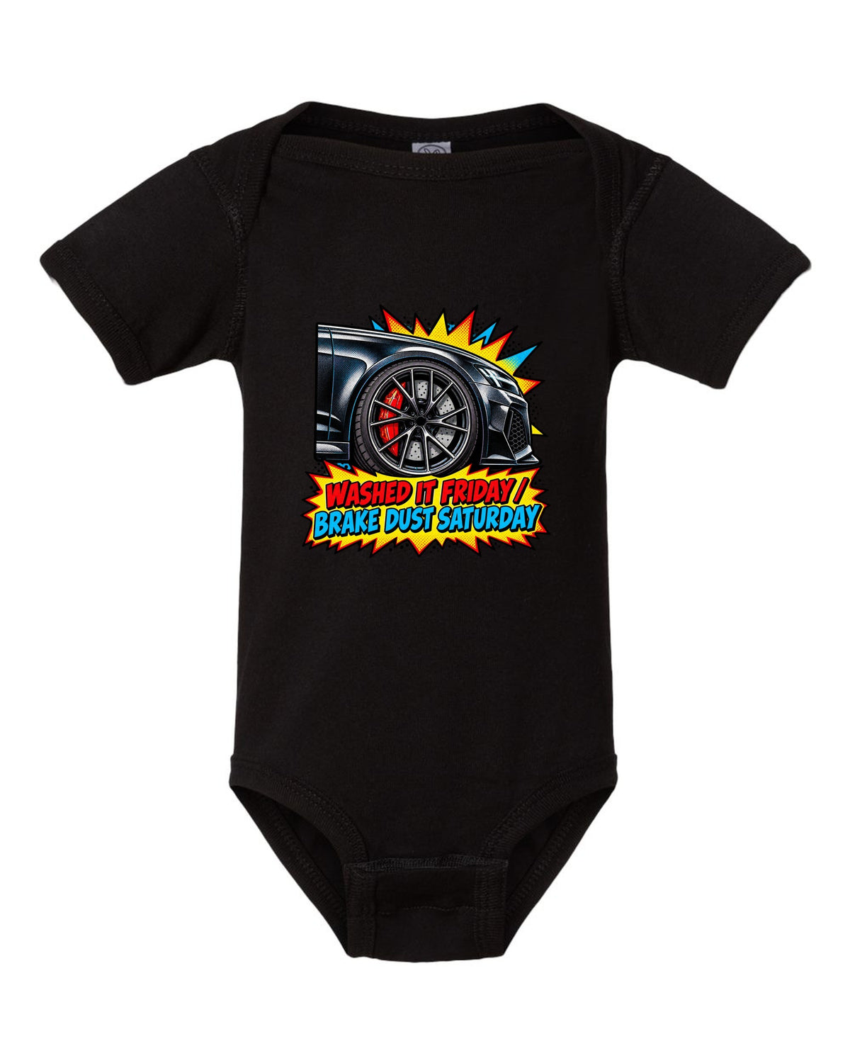 Comic halftone pop-art design of the Audi RS6 Avant C8 with washed it Friday brake dust Saturday lettering black baby onesie front view with the design