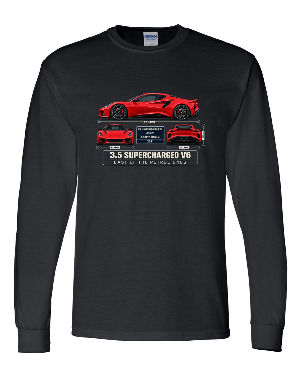 Lotus Emira V6 First Edition Spec Poster Tee, 3.5 Supercharg black long sleeve front view with the design