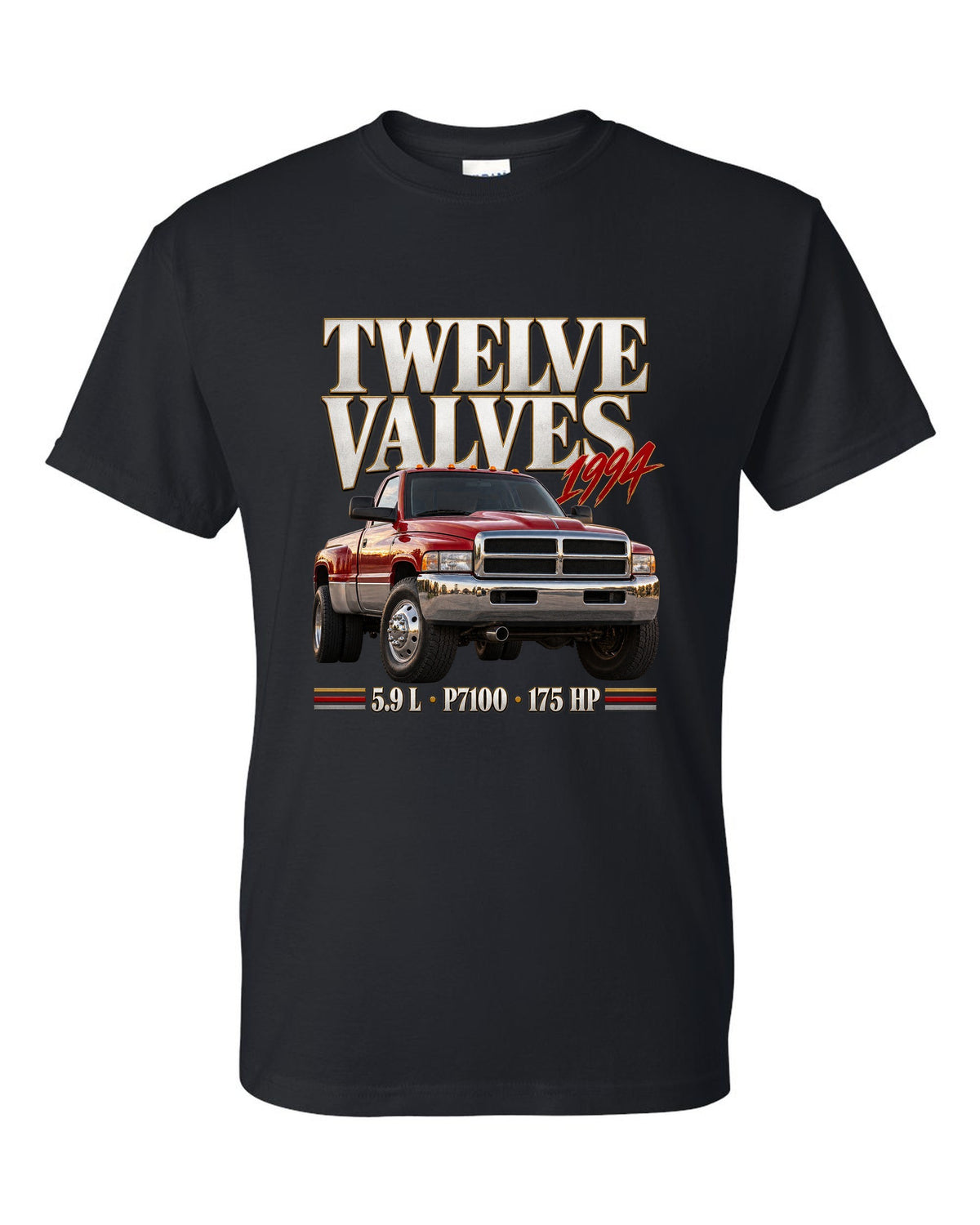 Editorial print of a 1994-98 Ram 2500 Cummins 5.9 12V with P7100 pump lettering black t-shirt front view with the design