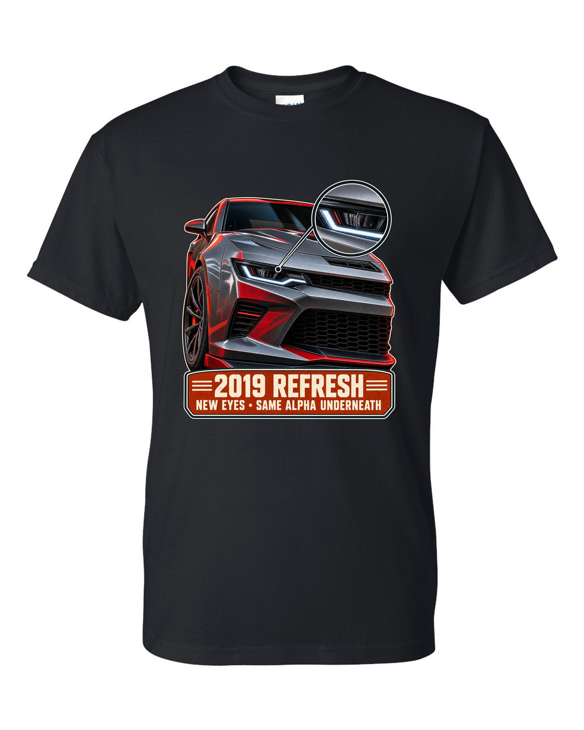 Macro detail print of a 2019 Chevrolet Camaro SS refresh black t-shirt front view with the design