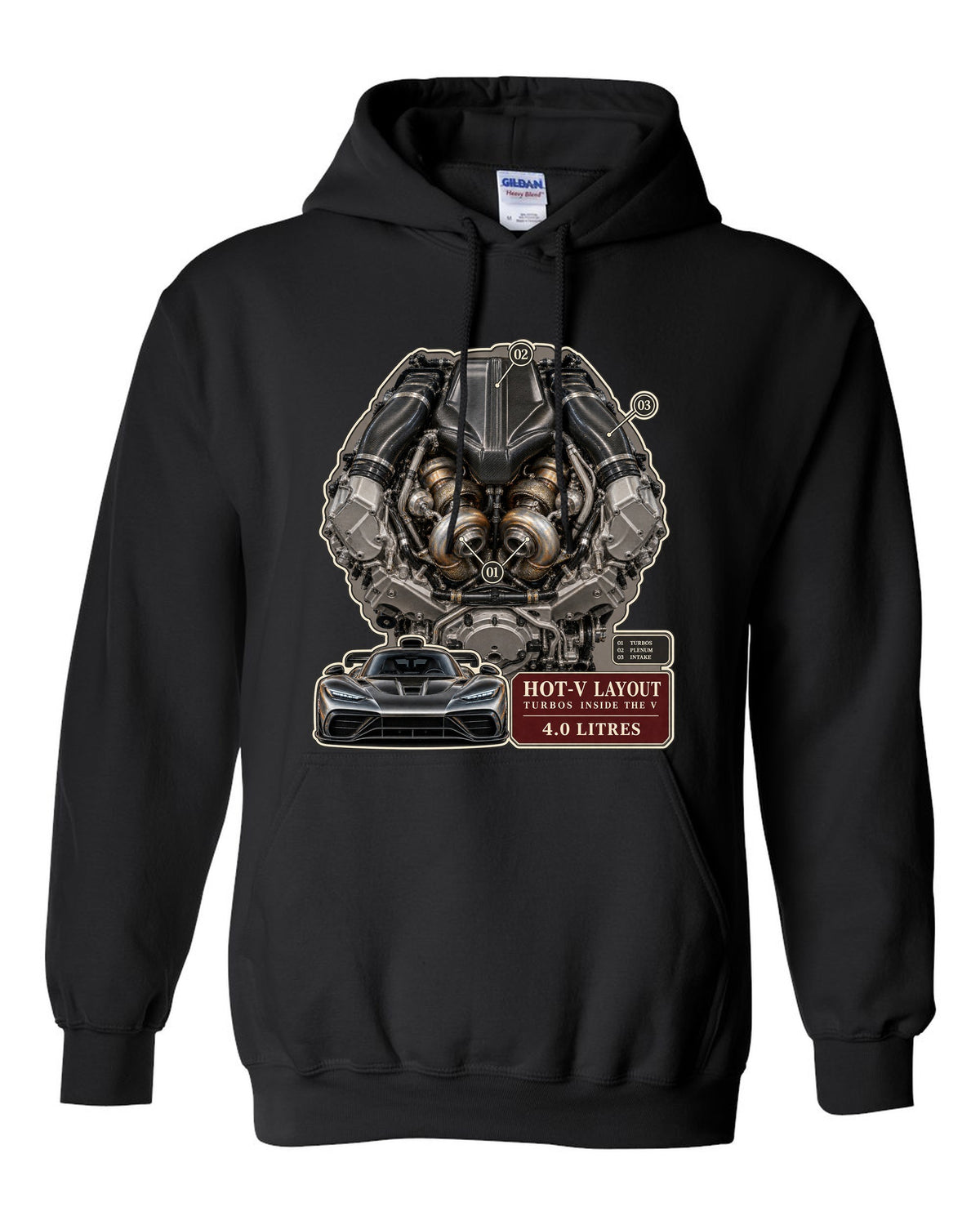 Mercedes-AMG GT 63 M178 4.0 litre biturbo V8 engine illustration black pull over hoodie front view with the design