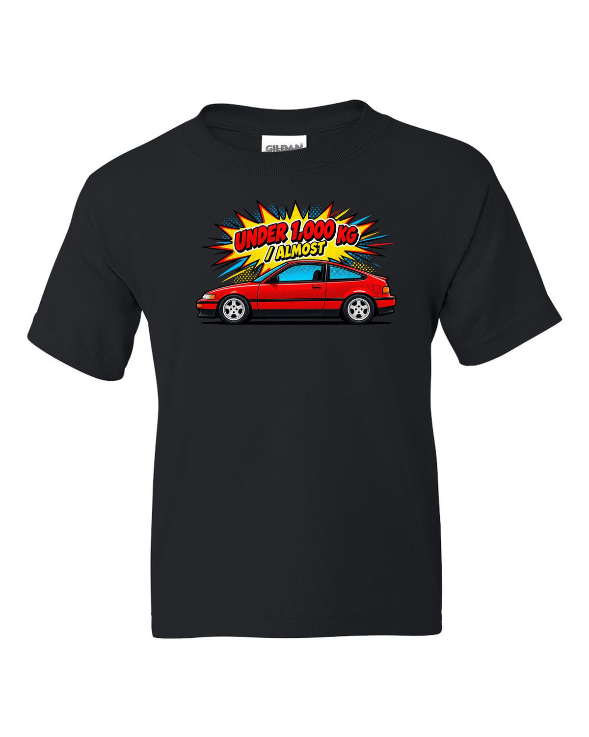 Pop-art Ben-Day halftone print of a Honda CRX EF8 Si with under 1,000 kg almost text black kids tee front view with the design