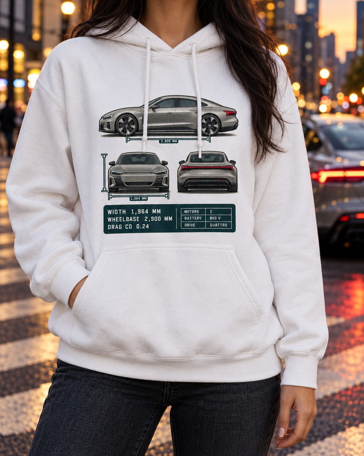 Audi RS e-tron GT Three-View Spec Table Tee, Cd 0.24 Car Shirt Pull Over Hoodie White worn hero