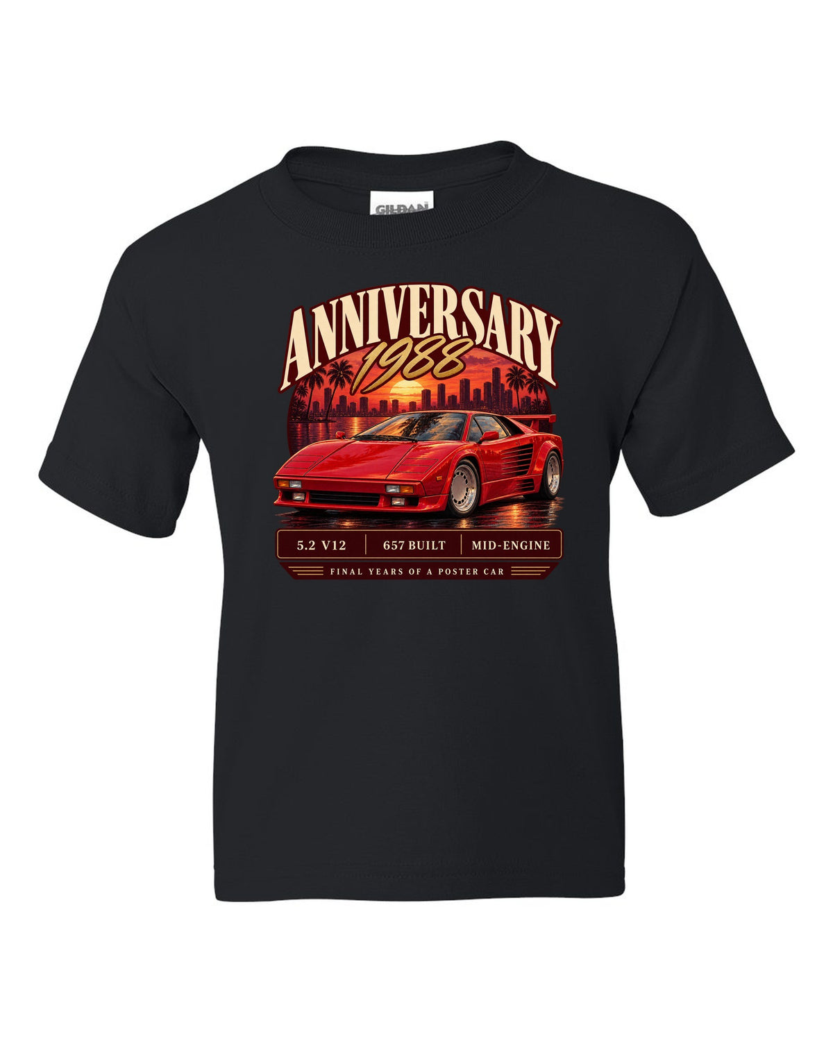 Archive panel print of a Lamborghini Countach 25th Anniversary with 657 built text black kids tee front view with the design