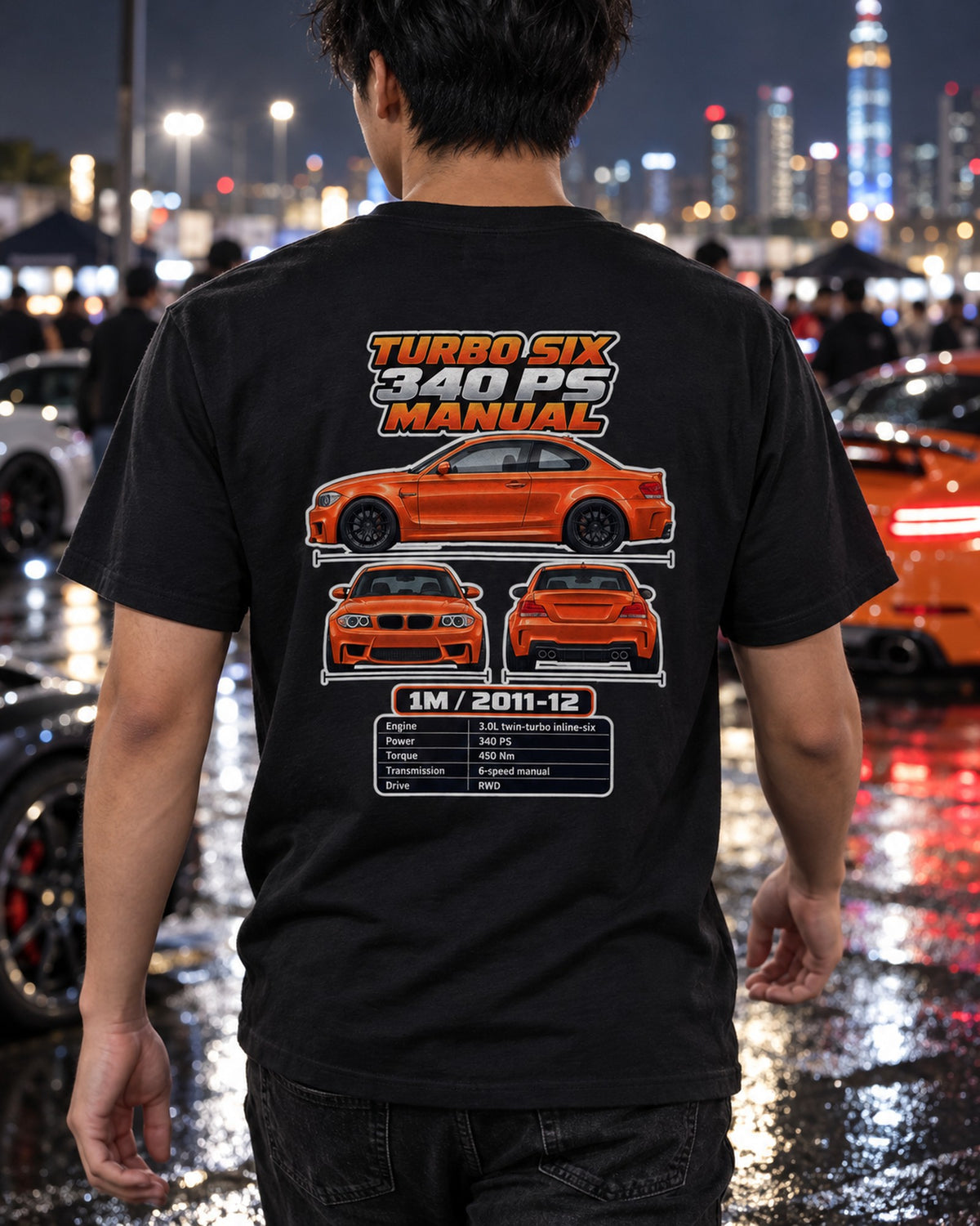 BMW 1 Series M Coupe Spec Sheet Full-Back Graphic Tee T-Shirt Black worn hero