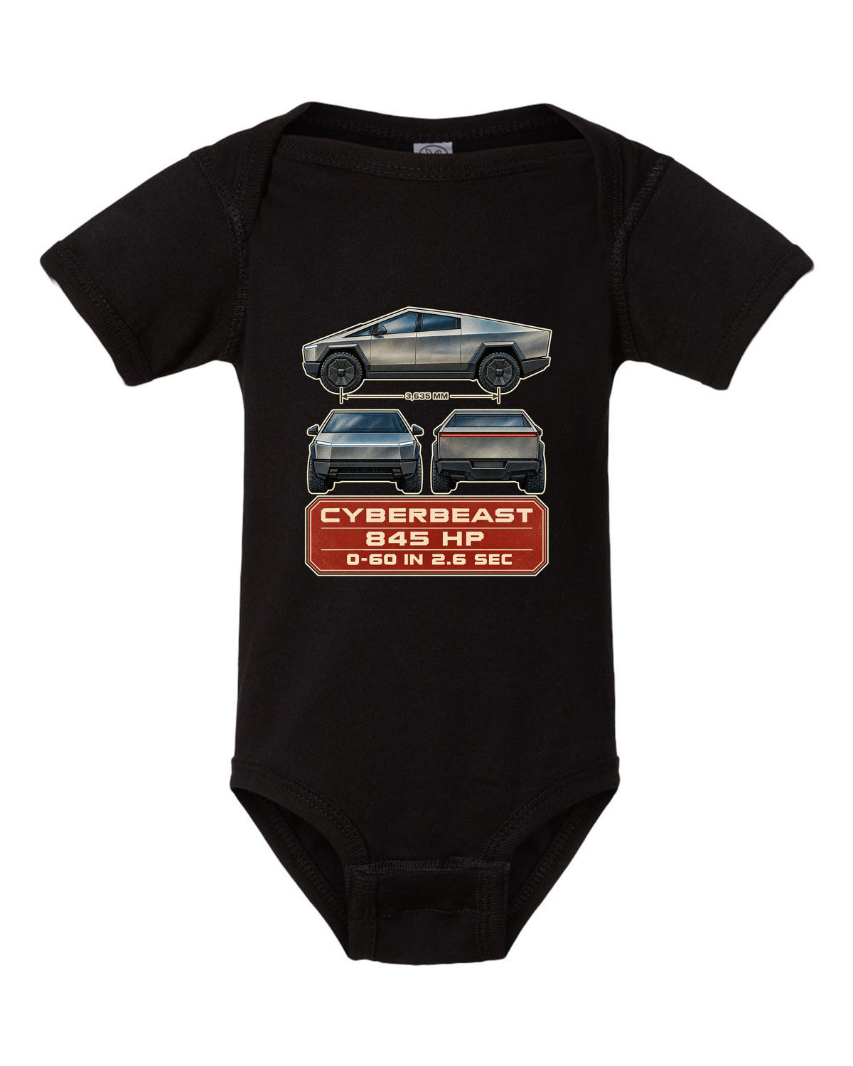 Three-view and spec table print of a Tesla Cybertruck Cyberbeast black baby onesie front view with the design
