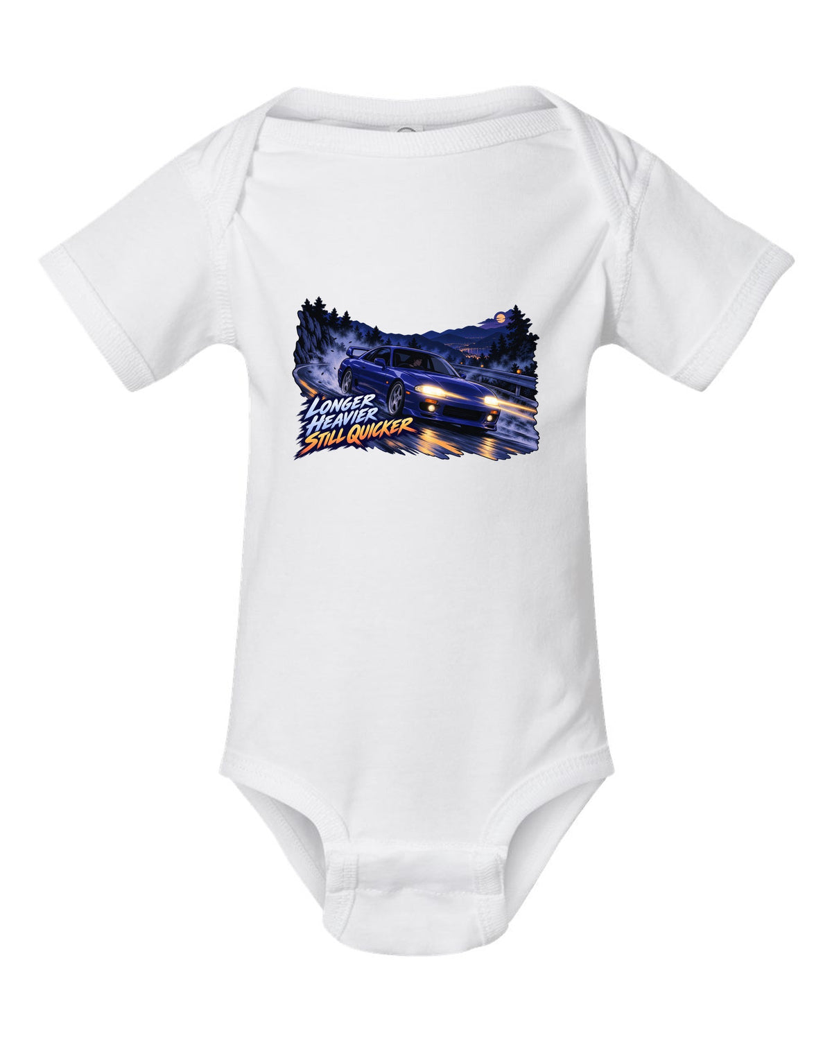 Cel-shaded 90s anime night touge print of a Nissan Skyline GT-R BCNR33 with longer heavier still quicker lettering white baby onesie front view with the design