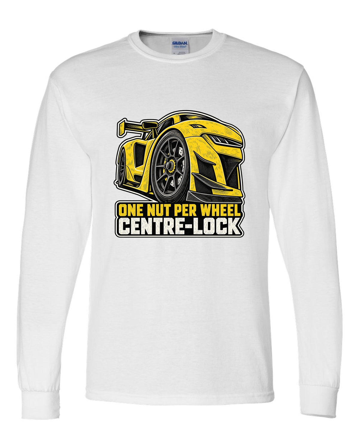 Risograph duotone design of a Corvette C8.R race car with large rear wing white long sleeve front view with the design