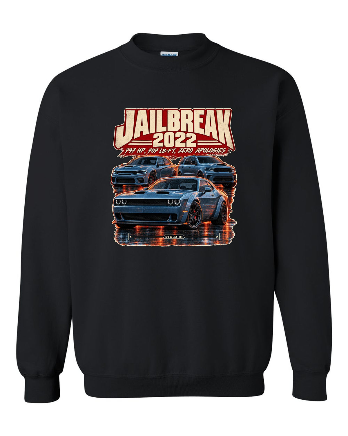Dodge Challenger Hellcat Redeye Jailbreak 2022 street poster print black crewneck front view with the design