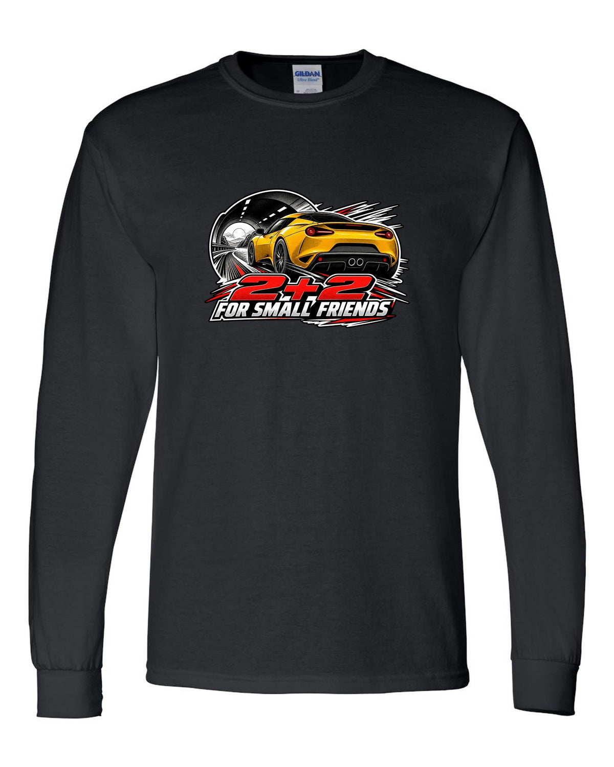 Lotus Evora rear view in retro manga halftone with 2+2 FOR SMALL FRIENDS lettering black long sleeve front view with the design