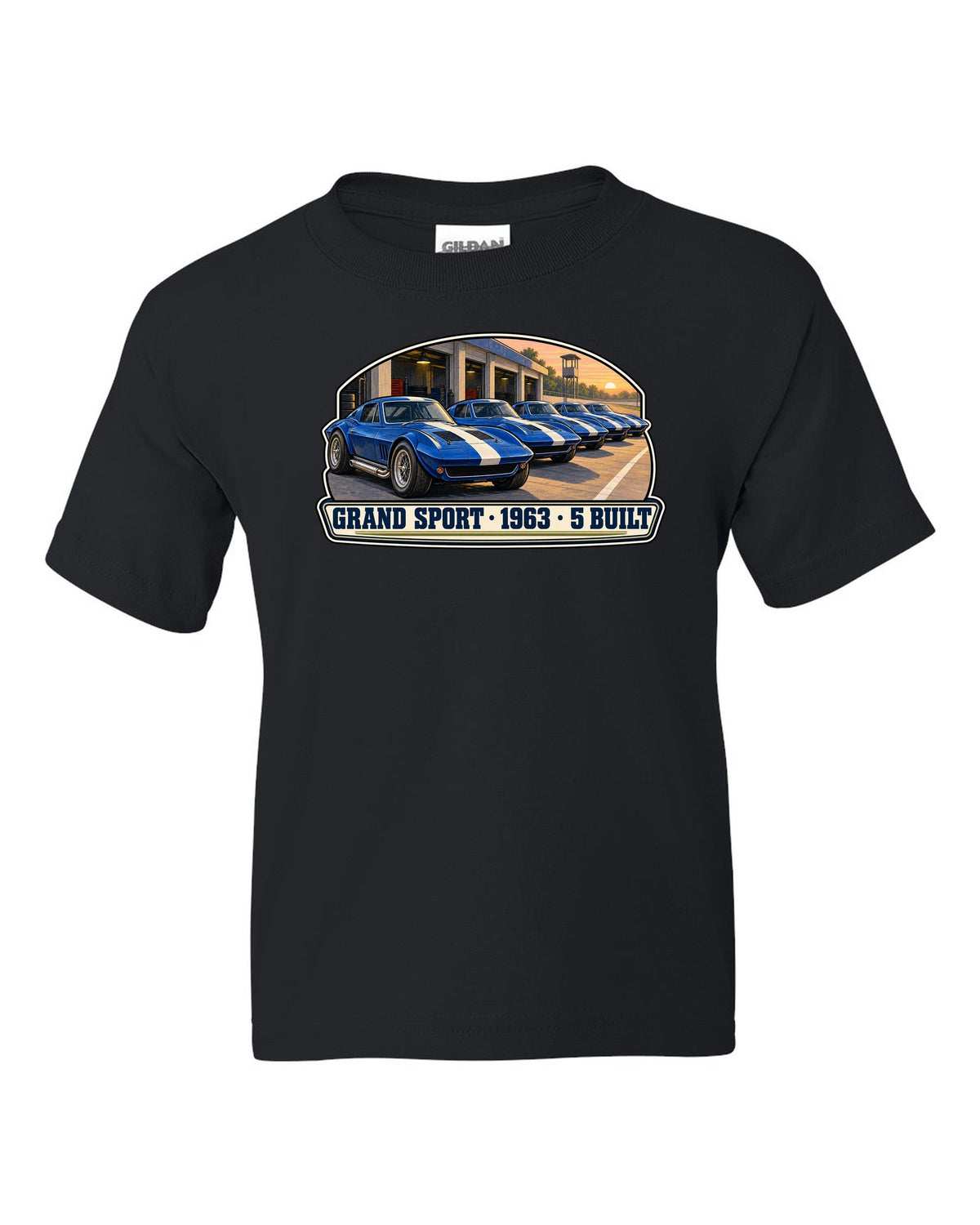 Isometric vector print of a 2014 Chevrolet Corvette C7 Stingray highlighting the fender gill vent black kids tee front view with the design