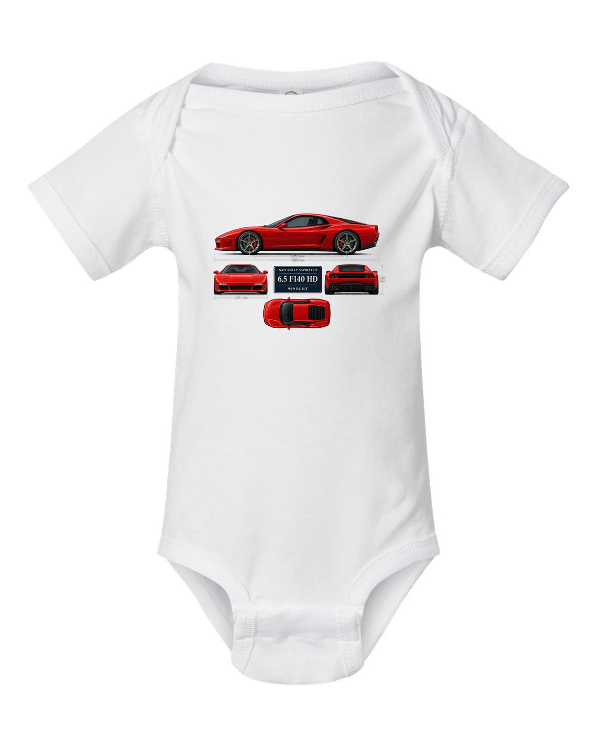 Ferrari 812 Competizione dimension blueprint print with 6.5 F140 HD, 999 built white baby onesie front view with the design