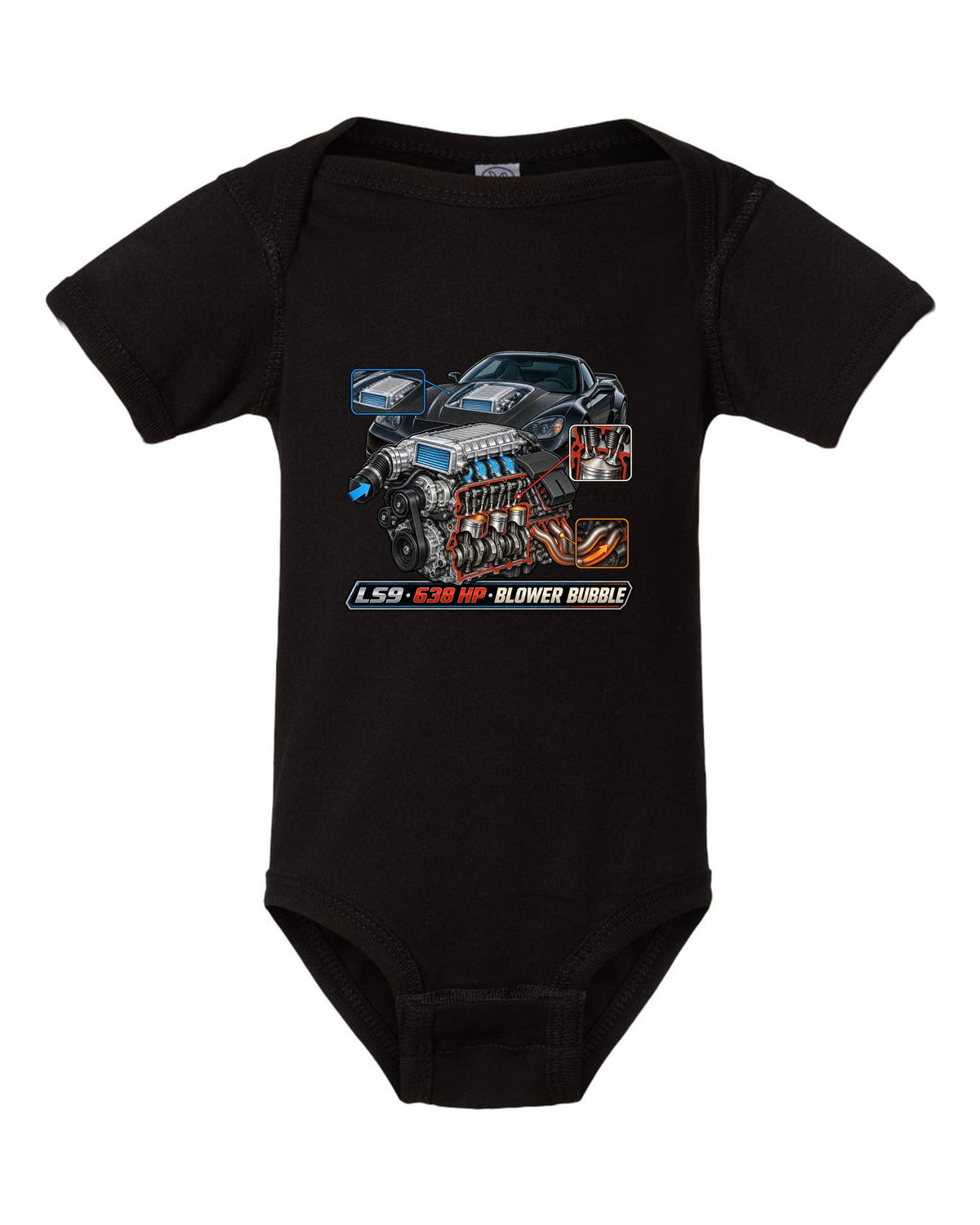 Cutaway engine print of the LS9 supercharger in a 2009 Chevrolet Corvette C6 ZR1 with 638 HP text black baby onesie front view with the design