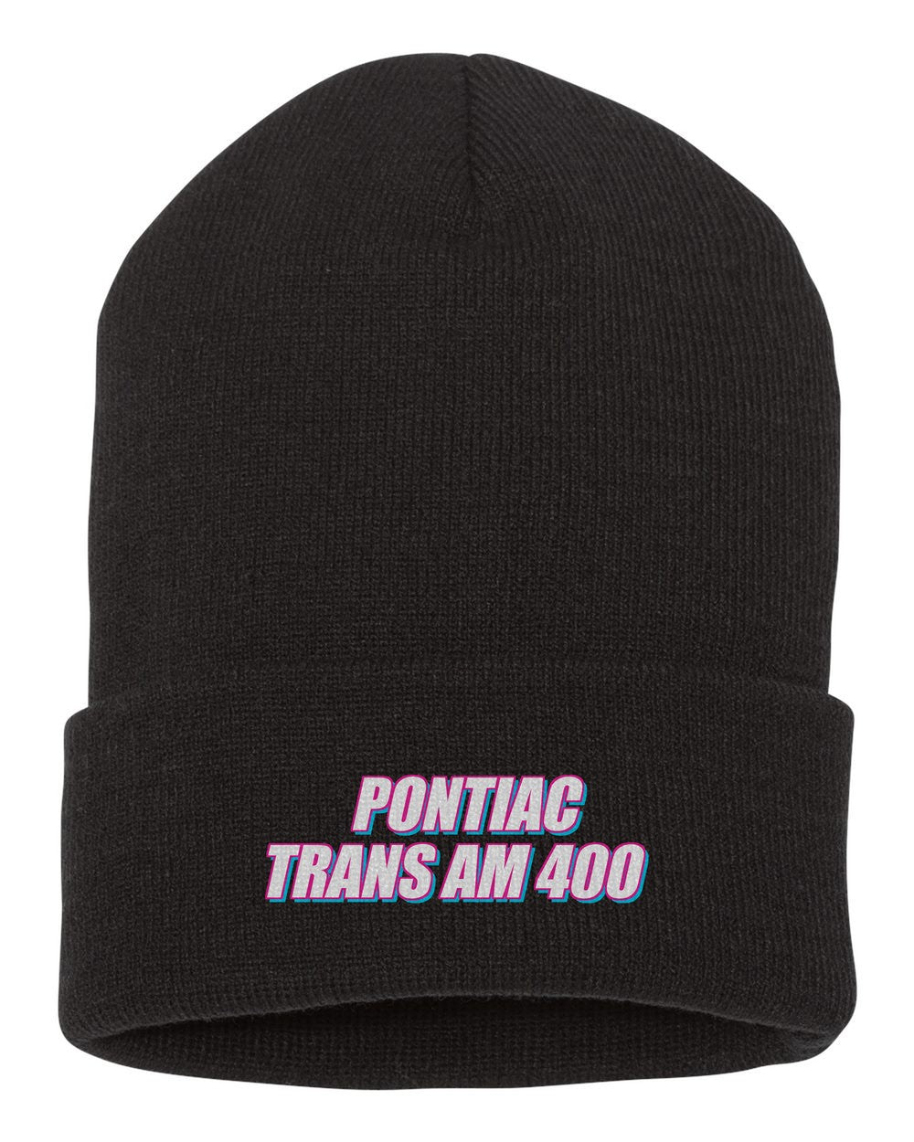 Pontiac Trans Am 400 black beanie front view with car name