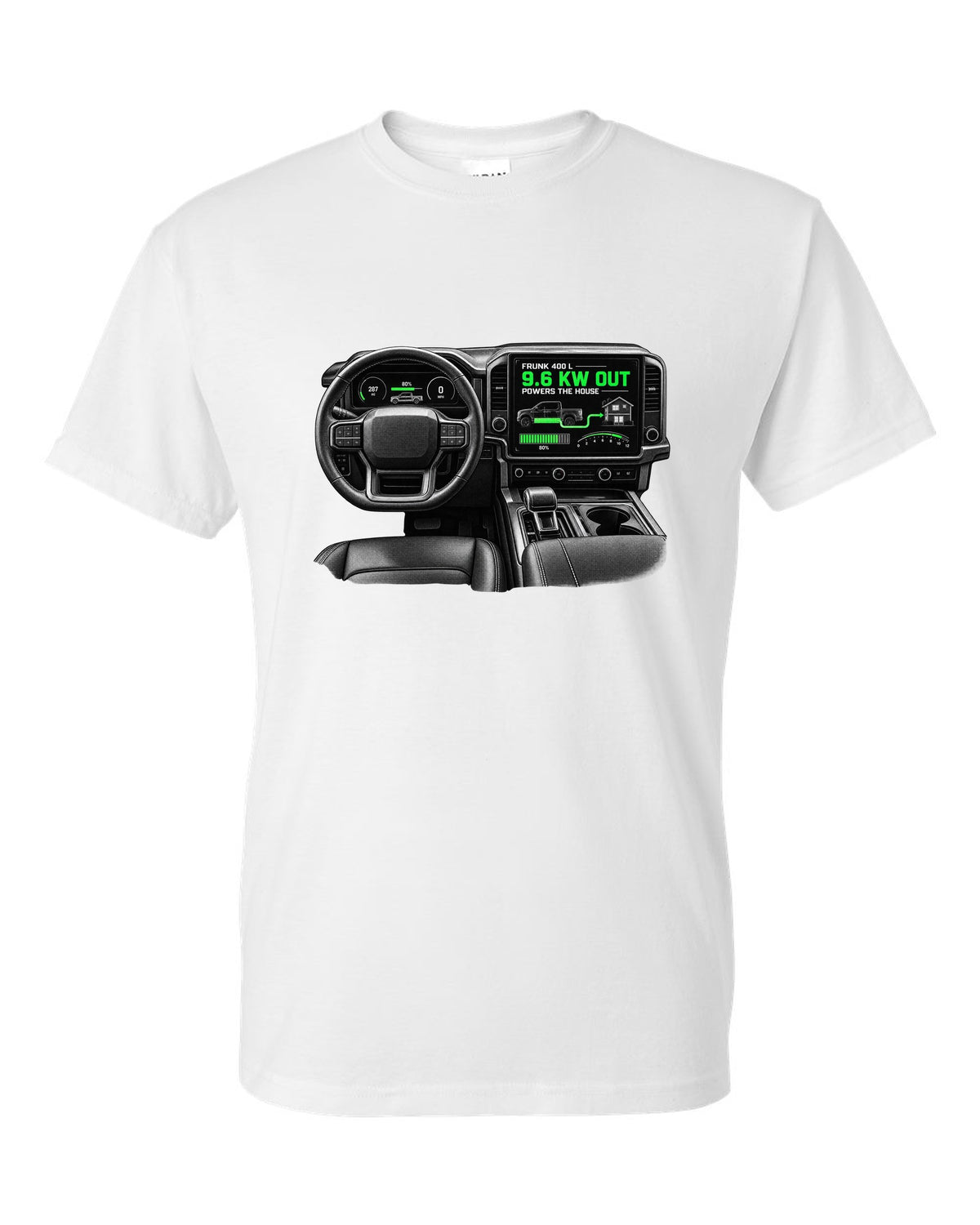Ford F-150 Lightning 2022 interior centre screen crop with frunk readout white t-shirt front view with the design