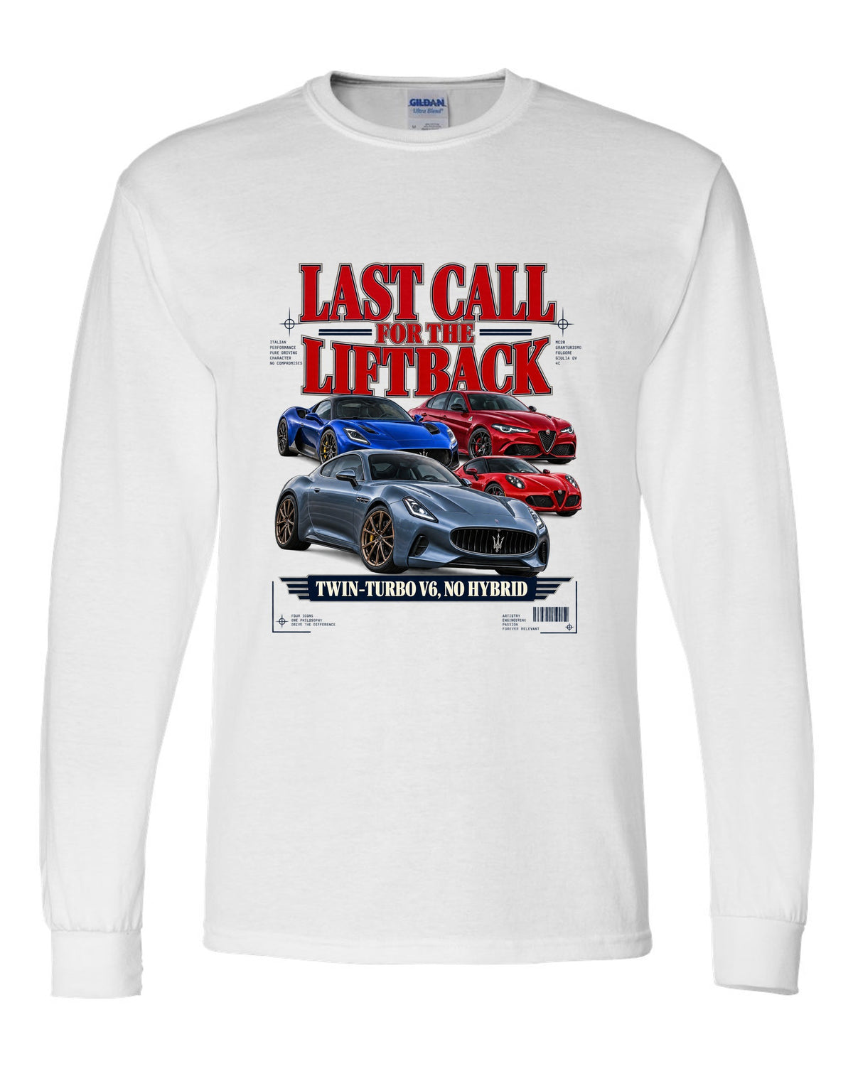 Kia Stinger GT final year editorial headline print white long sleeve front view with the design