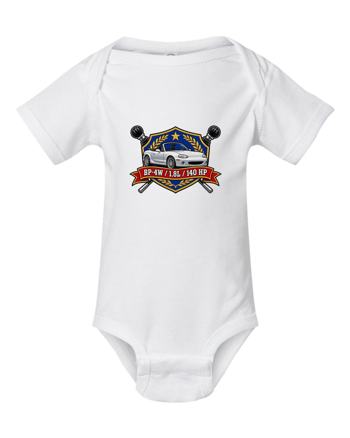 Embroidery-style shield crest of a Mazda MX-5 NB with BP-4W 1.8L 140 HP text white baby onesie front view with the design