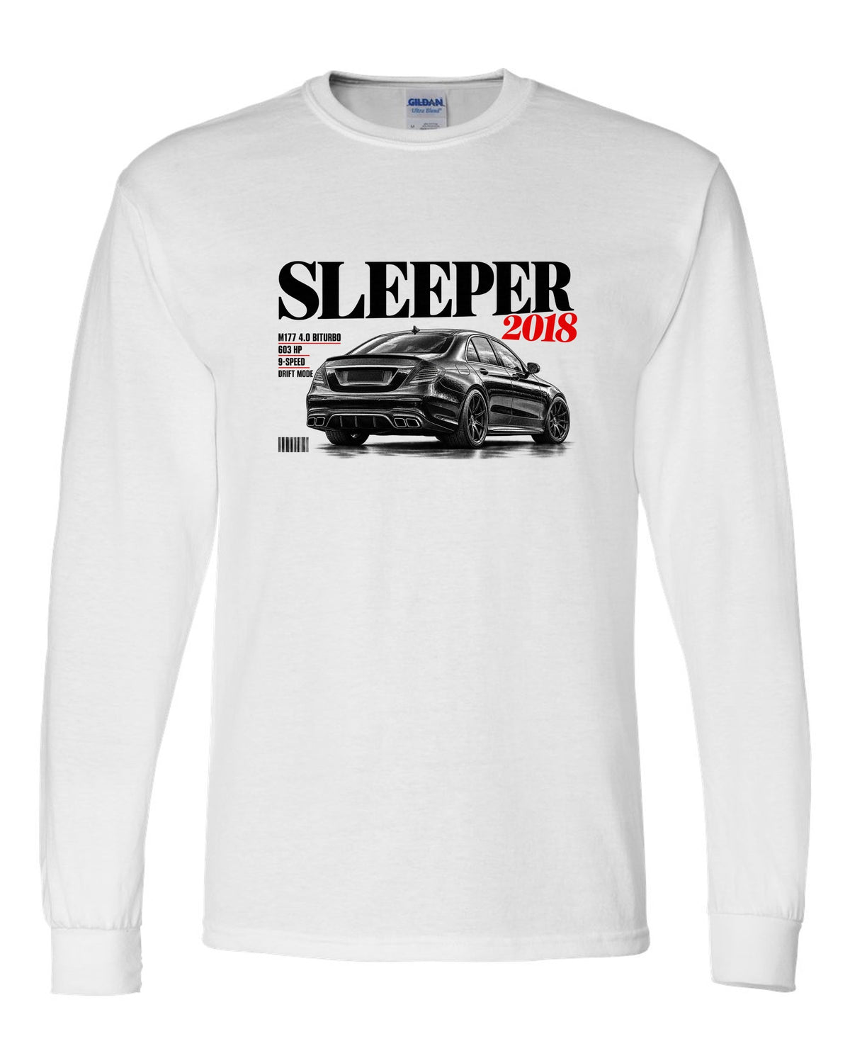 print editorial headline of a Mercedes W213 E63 S M177 with text Sleeper 2018 4.0 Biturbo 603 HP white long sleeve front view with the design