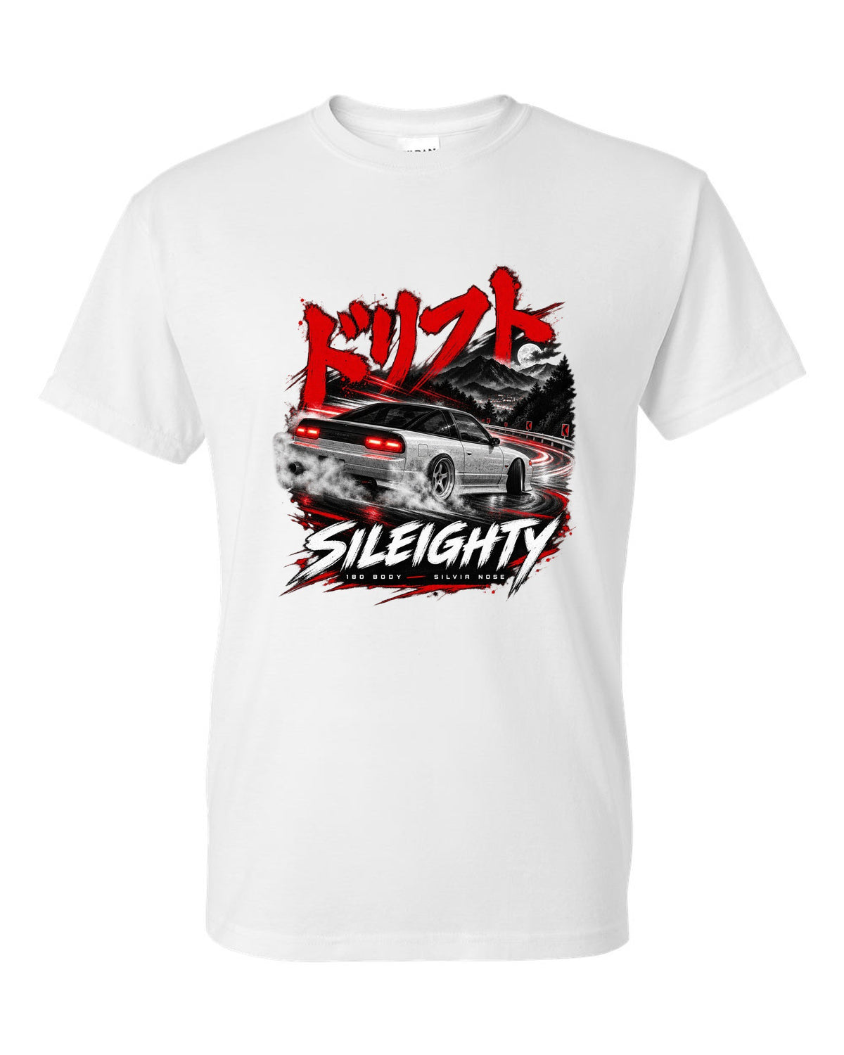 Touge night print of a Nissan Sileighty, 180SX body with Silvia nose white t-shirt front view with the design