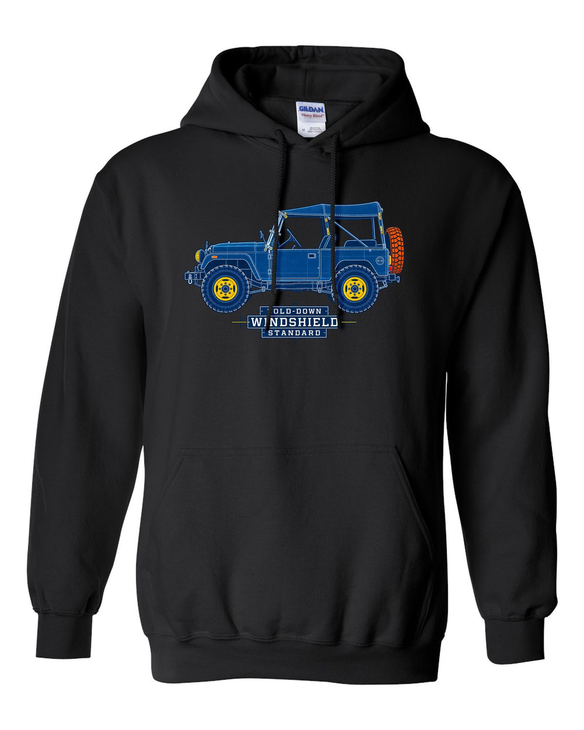 Cyanotype blueprint of a Toyota Land Cruiser FJ40 with fold-down windshield lettering black pull over hoodie front view with the design
