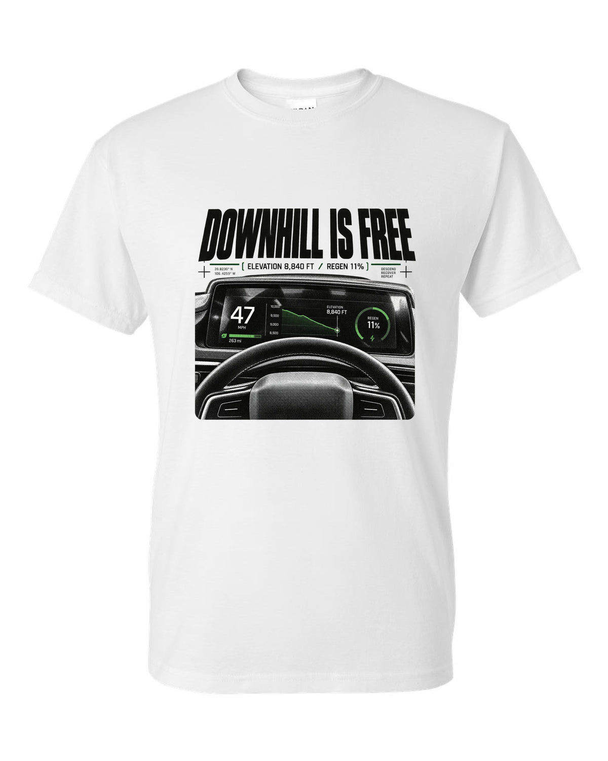 Rivian R1T 2022 cockpit gauge readout with downhill is free, elevation 8,840 ft and regen 11% white t-shirt front view with the design