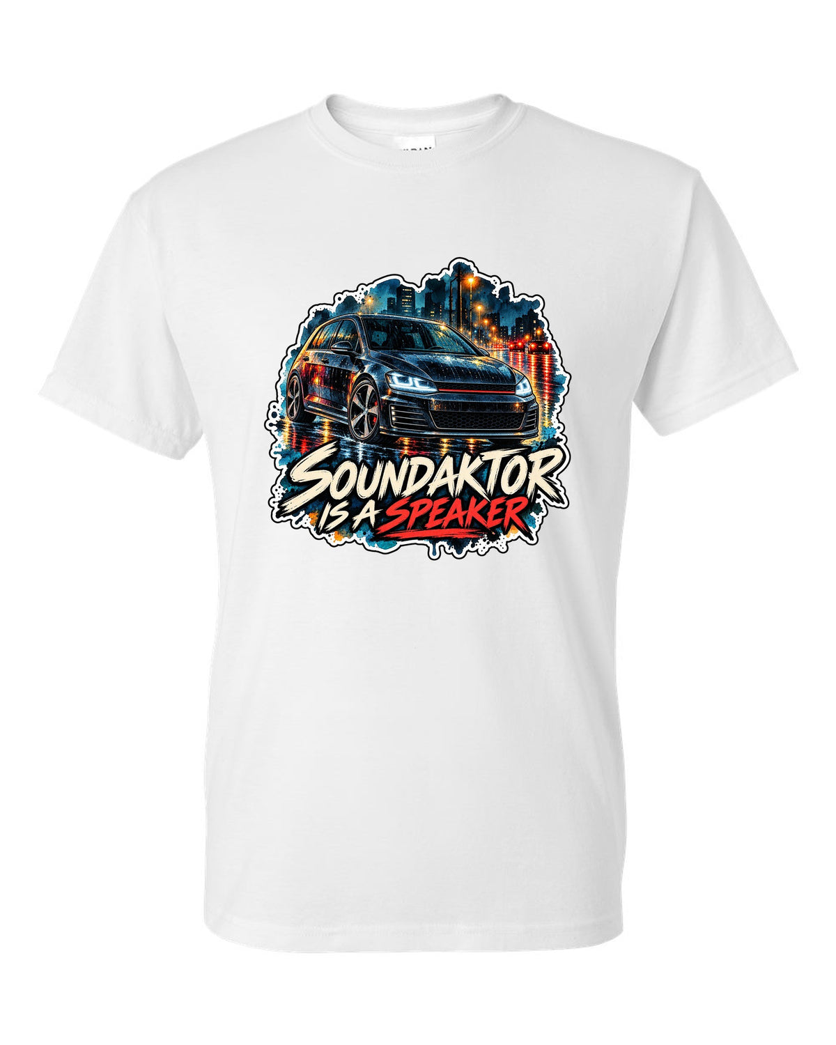 Watercolour wet-road night scene of a VW Golf Mk7 GTI with Soundaktor is a speaker text white t-shirt front view with the design