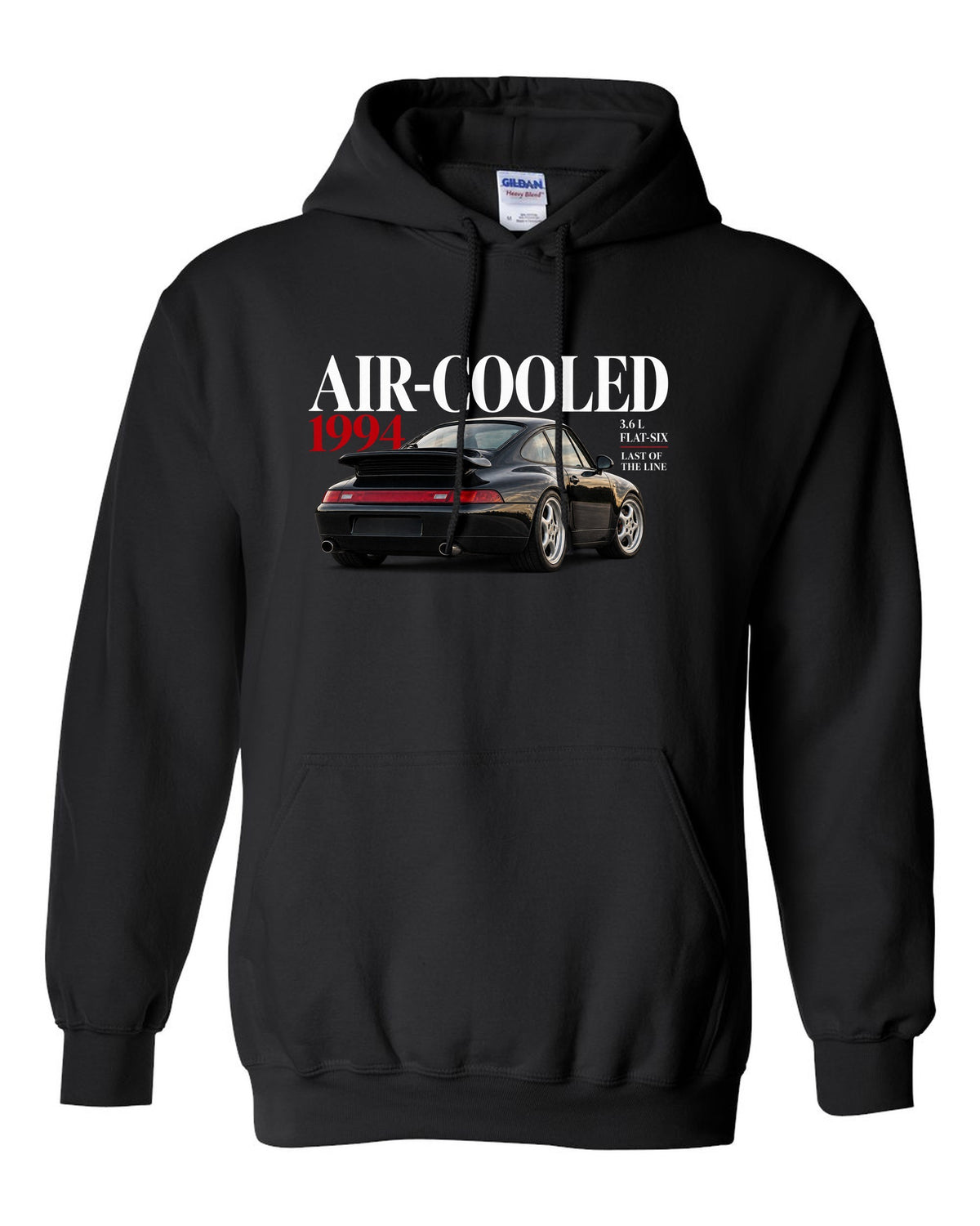 Editorial print of a Porsche 911 993 Carrera coupe with Air-Cooled 1994 3.6 L flat-six lettering black pull over hoodie front view with the design