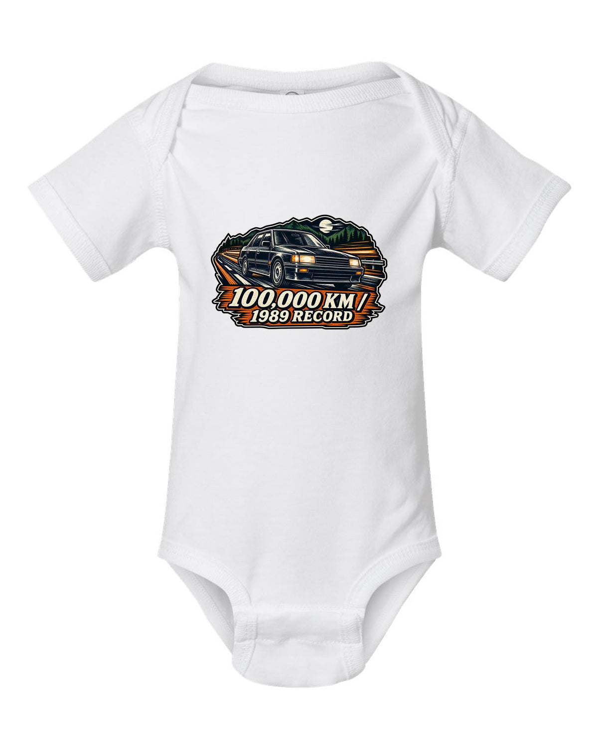 Linocut woodcut style illustration of a Subaru Legacy BC5 RS with 100,000 km 1989 record text white baby onesie front view with the design