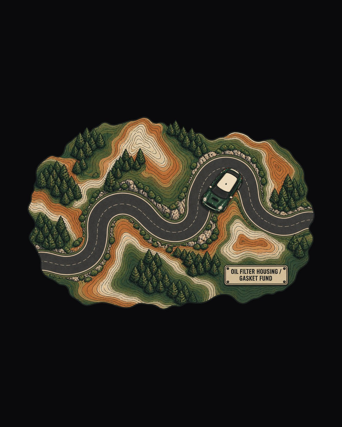 Mini Cooper S R56 Topographic Route Map Shirt, Gasket Fund design only